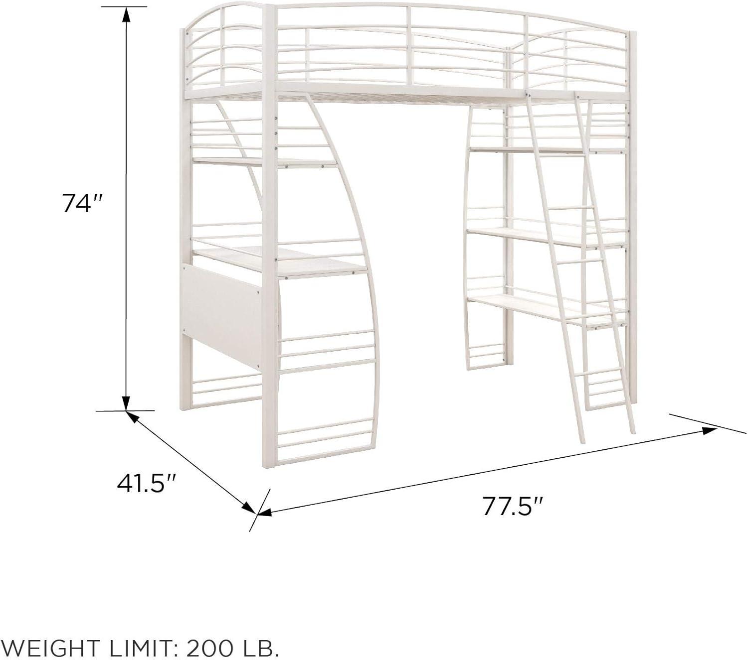 DHP Sage Studio Twin Metal Loft Bed with Integrated Desk and Shelves, Off White