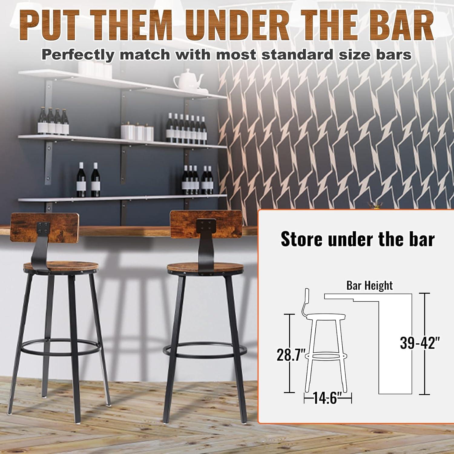 VEVOR Rustic Bar Stools, 25.6” Tall Rectangle Seat, Set of 2 Bar Chairs with Footrest Steel Frame Adjustable Feet, Wooden Industrial Kitchen Stool for Kitchen Dining Living Room, Rustic Brown