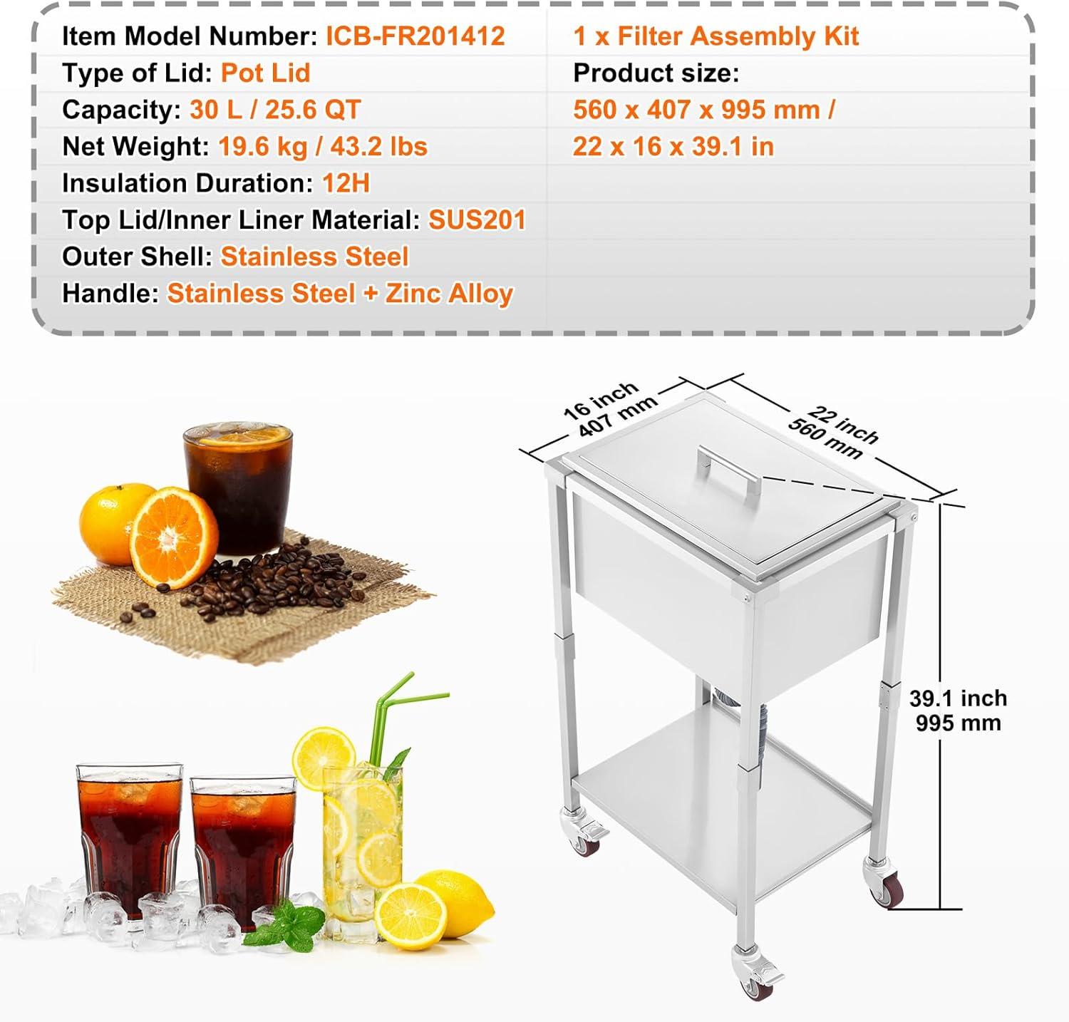 VEVOR 32qt Rolling Ice Chest Cooler Cart Outdoor Stand Up Cooling Bin on Wheels
