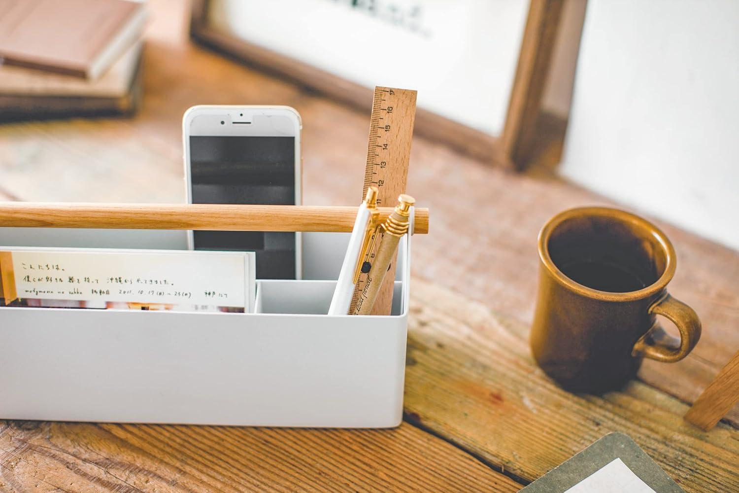 Minimalist White Steel & Wood Desk Organizer with Wooden Crossbar