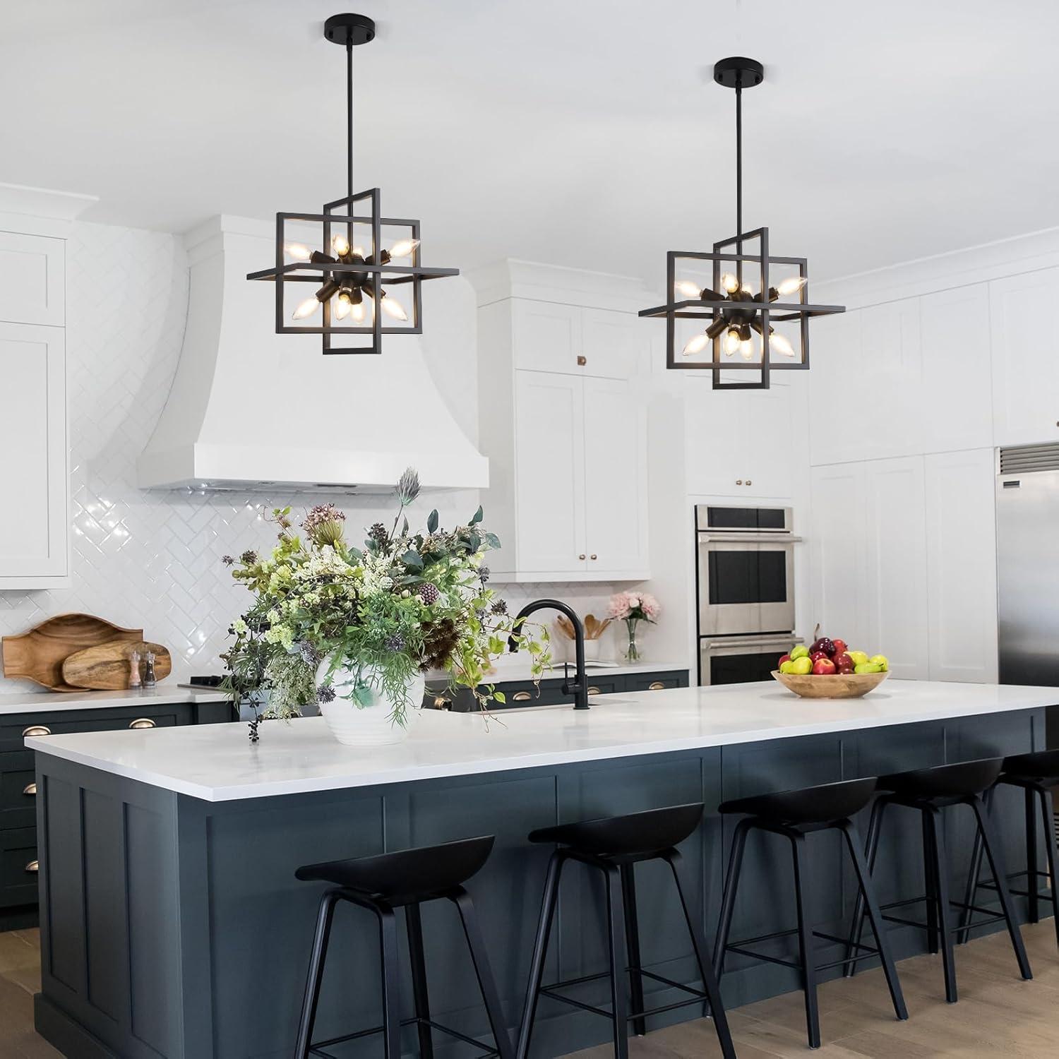 Modern Black and Gold Chandelier, 8-Light Geometric Pendant Light Fixture, Dining Light Fixtures Adjustable Chandelier for Dining Room Entryway Foyer Hallway Bedroom Living Room Kitchen Island