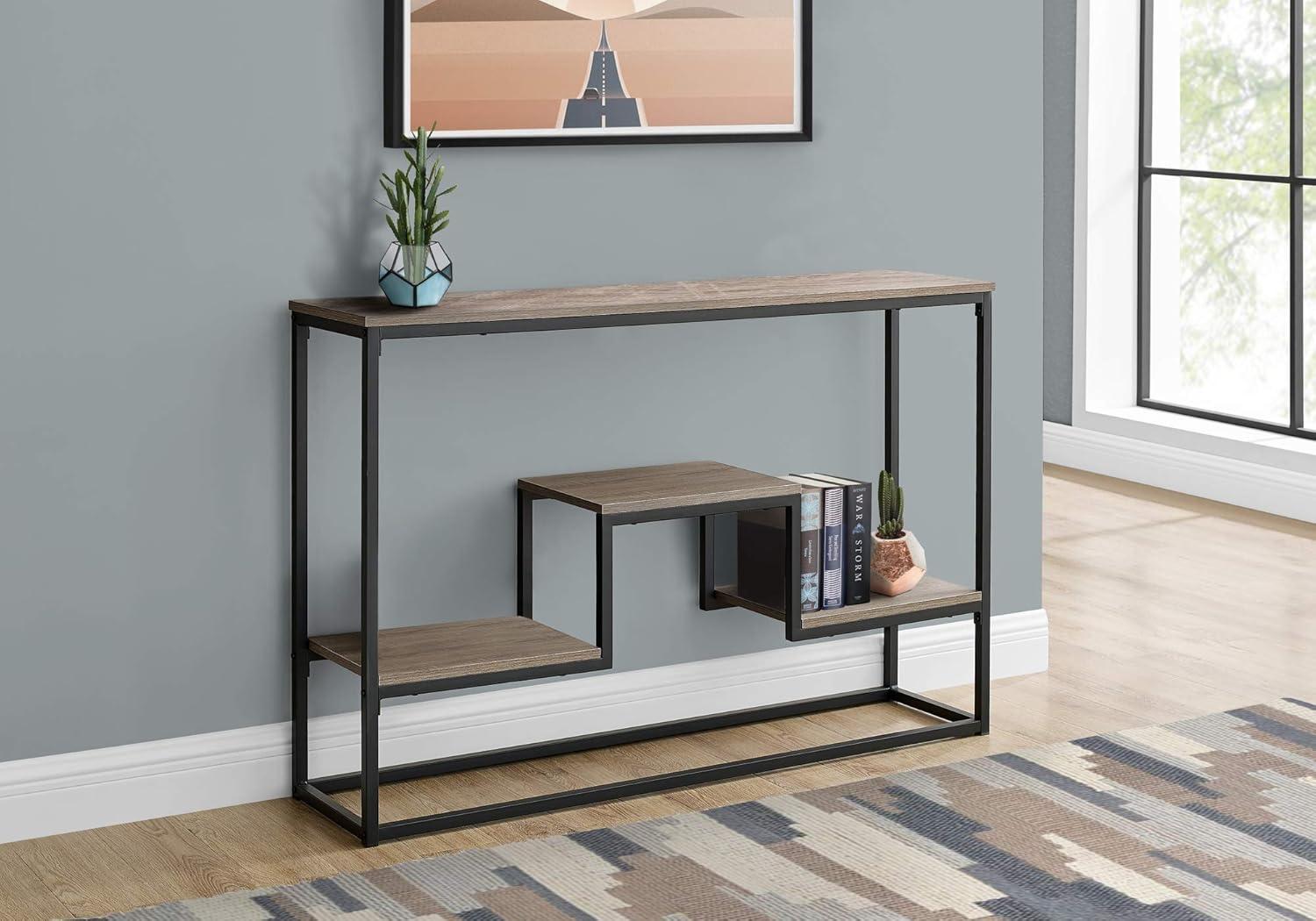 Contemporary Black and Beige Metal-Wood Console Table with Multi-Level Storage