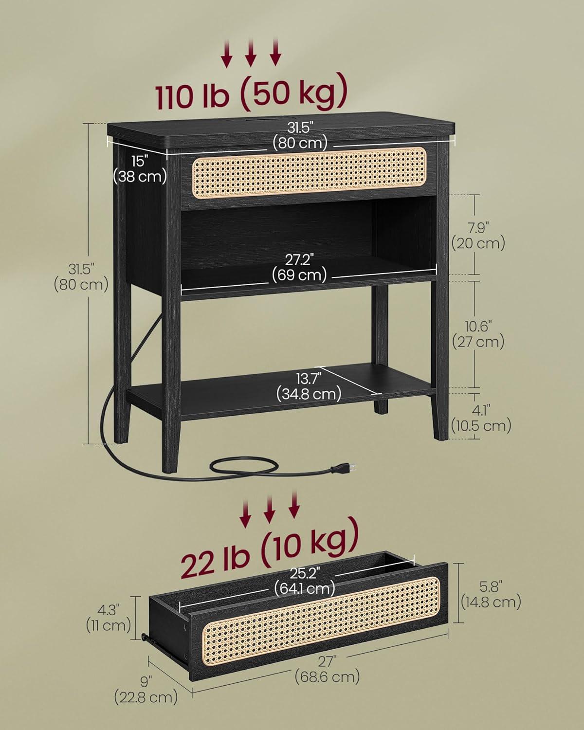 Ash Black Boho Console Table with Storage and Power Outlets