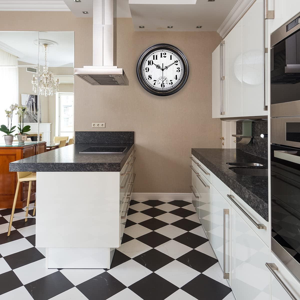 12 Inch Retro Silent Wall Clock,Indoor and Outdoor,Waterproof,Thermometer,Black