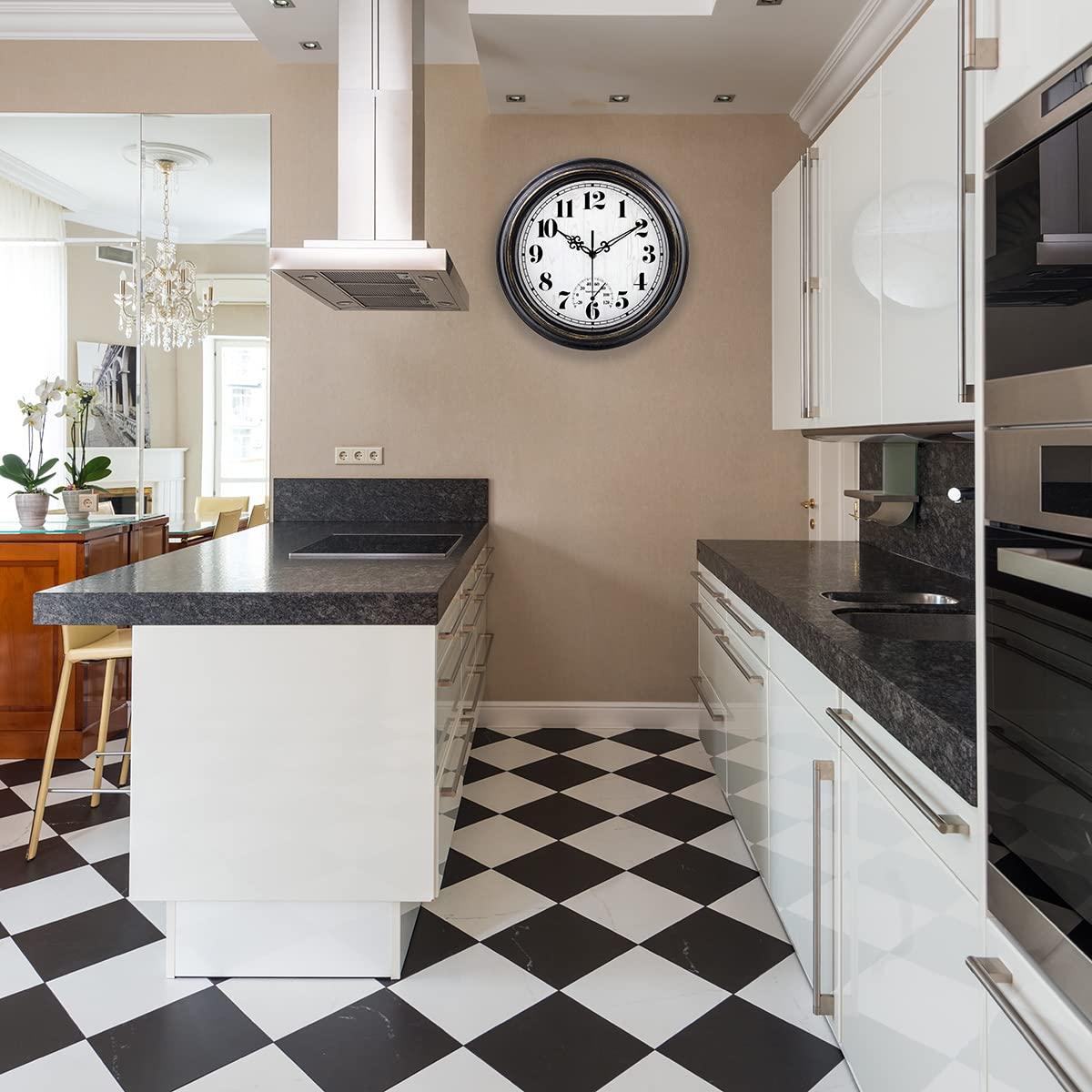 12 Inch Retro Silent Wall Clock,Indoor and Outdoor,Waterproof,Thermometer,Black