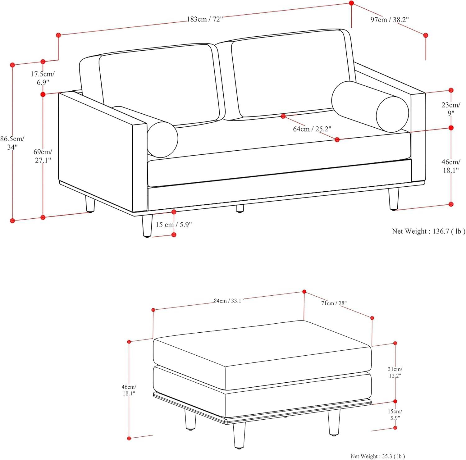 Simpli Home Morrison  Sofa and Ottoman Set in Genuine Leather