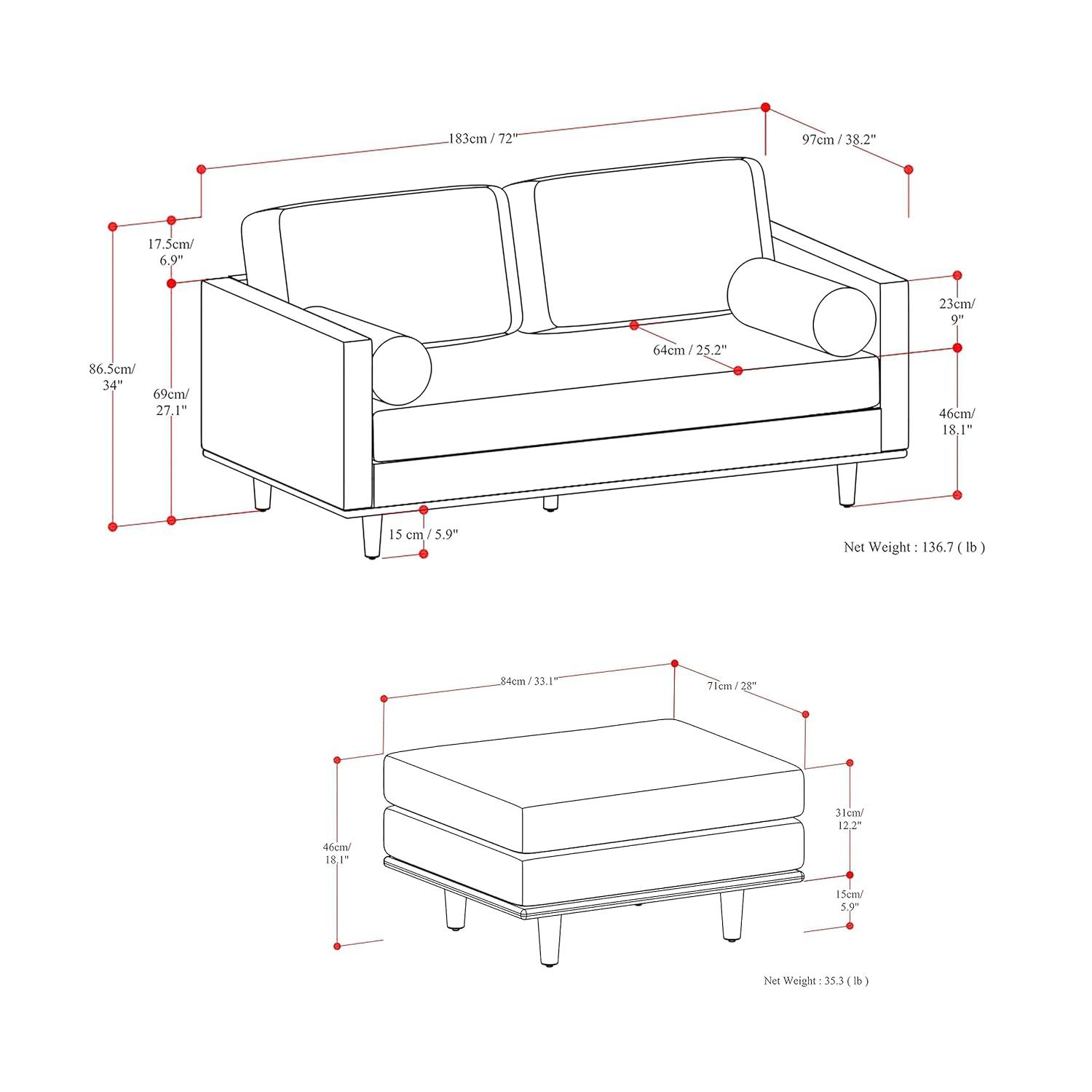 Simpli Home Morrison  Sofa and Ottoman Set in Genuine Leather