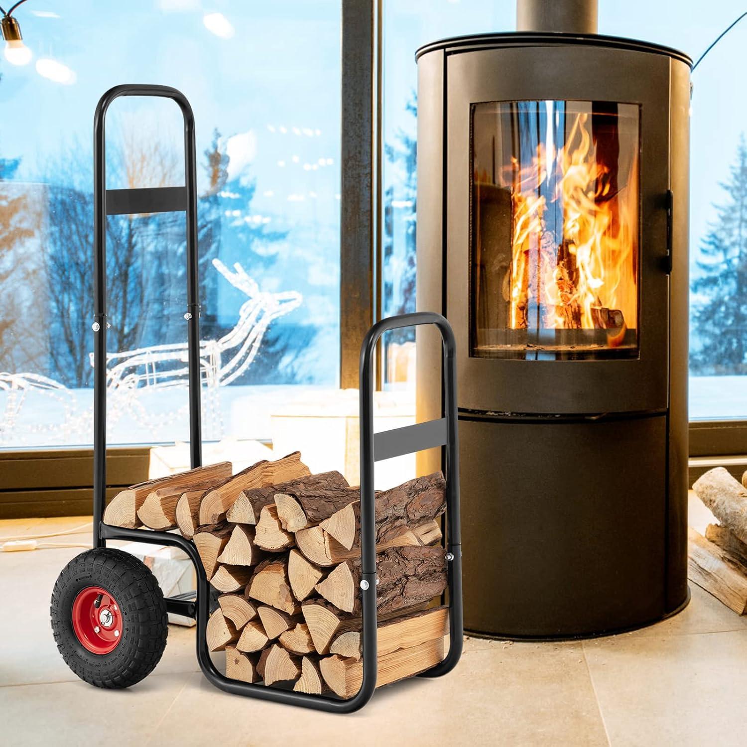 Tangkula Firewood Log Cart Carrier Firewood Cart Wood Hauler with Wear-Resistant and Shockproof Rubber Wheels