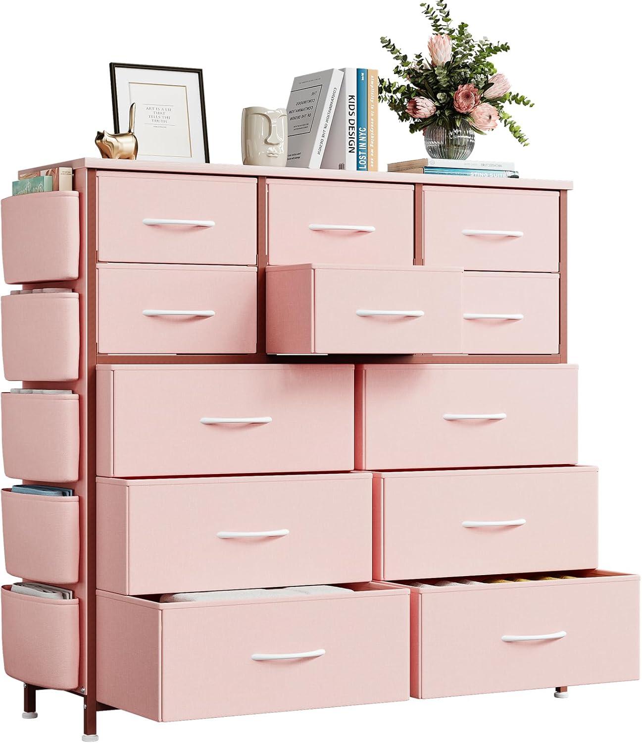 Jojoka 12-Drawer Dresser for Bedroom, Fabric Storage Organizer With Wood Top, Side Pockets & Hooks Cabinet for Closet, Nursery,  Pink