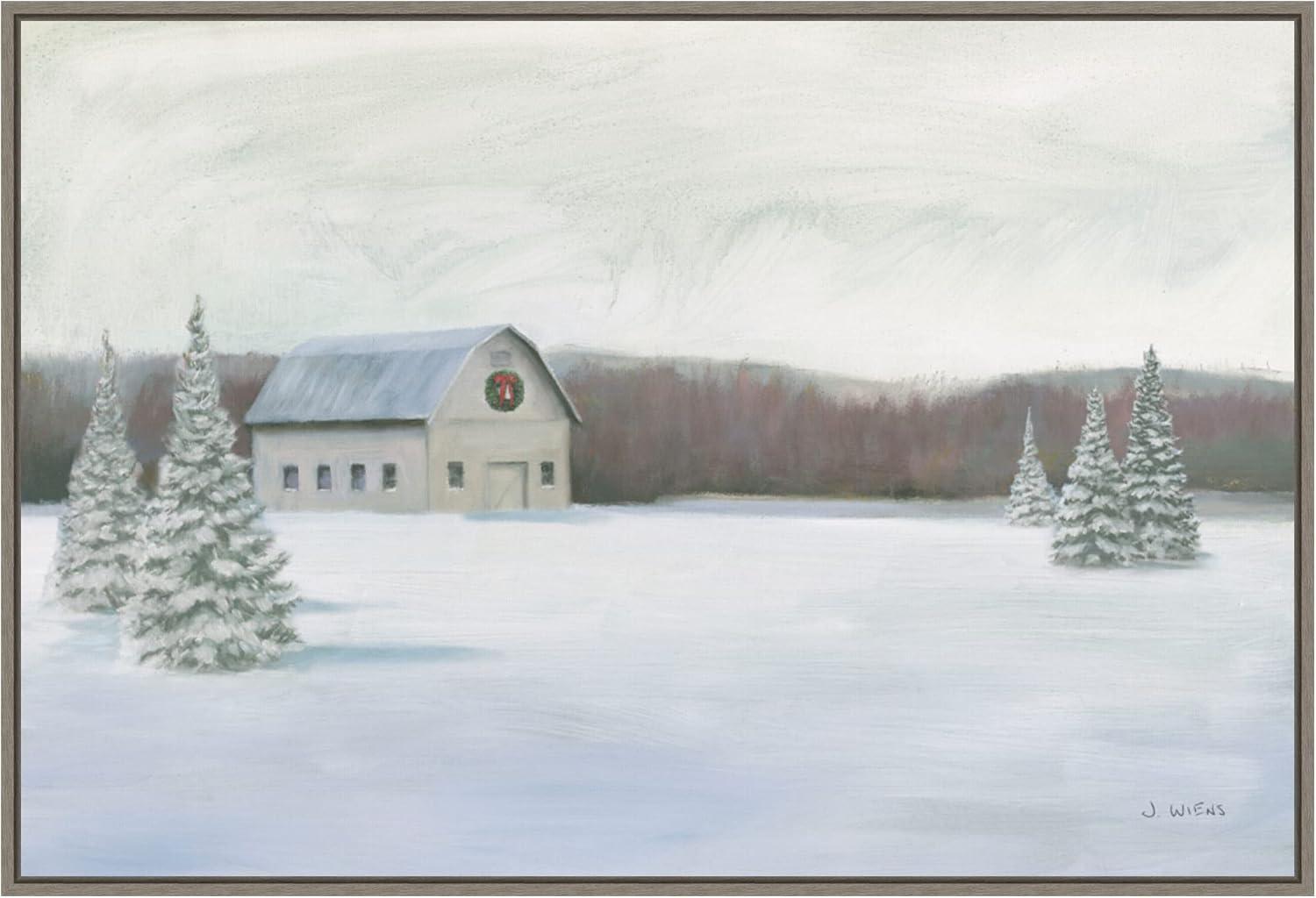 Holiday Winter Barn Oil Painting on Canvas with Greywash Frame