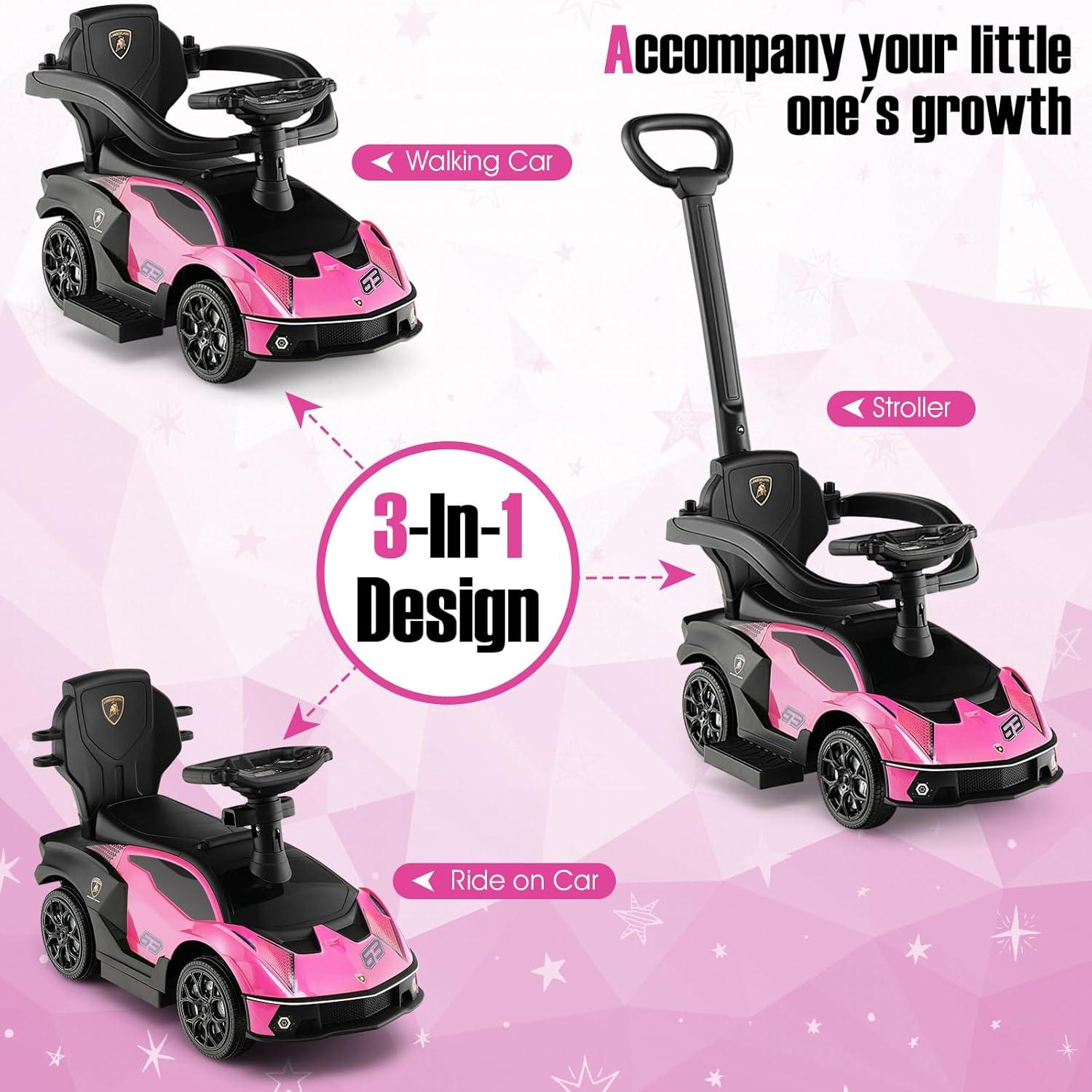 Costway 3-in-1 Licensed Lamborghini Ride on Push Car Stroller Sliding Car w/ Sound Pink