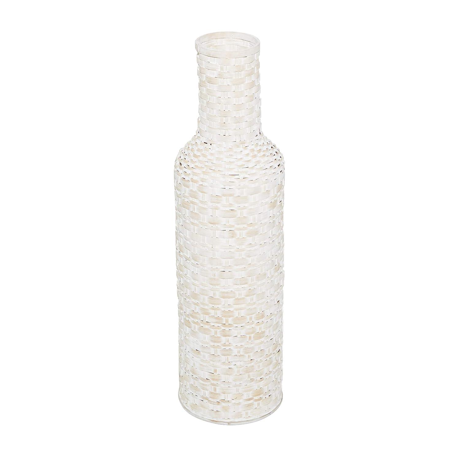DecMode White  Bohemian Metal Vase with Distressed Weaving Pattern, 9" x 9" x 30", Features Neutral Woven Patterns