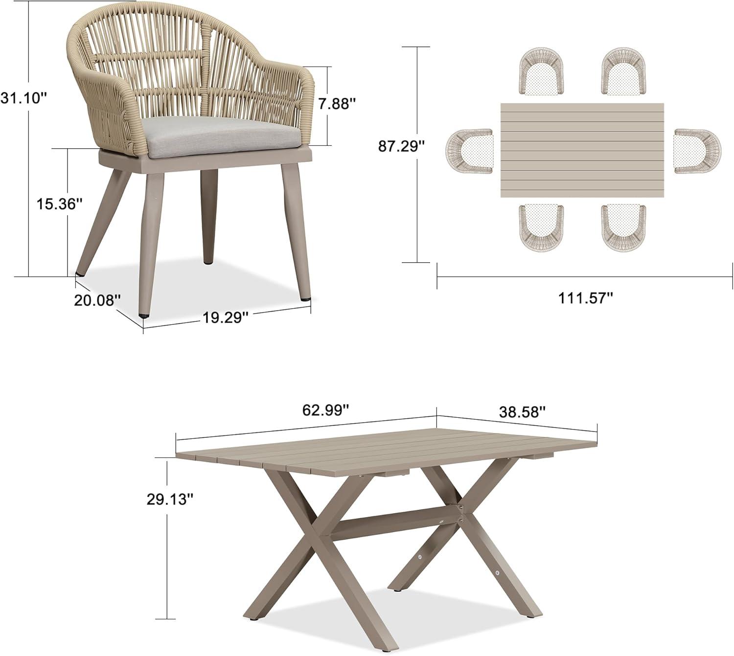 Champagne Aluminum 7-Piece Outdoor Dining Set with Beige Cushions