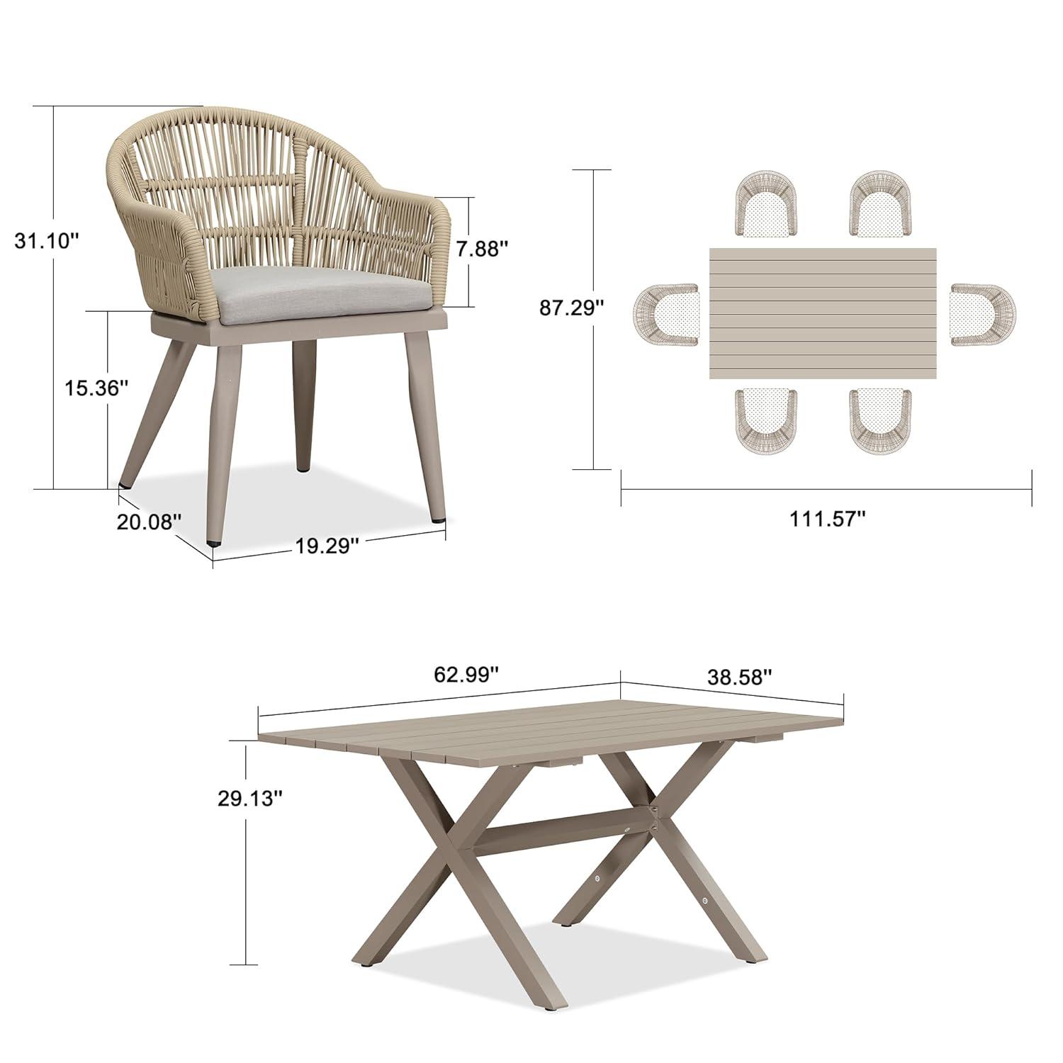 PURPLE LEAF 7 Pieces Patio Dining Set with Outdoor Aluminium Dining Table and Woven Rattan Chairs Modern Metal Furniture Cushions Sets for Garden Yard Indoor Decor Kitchen Champagne