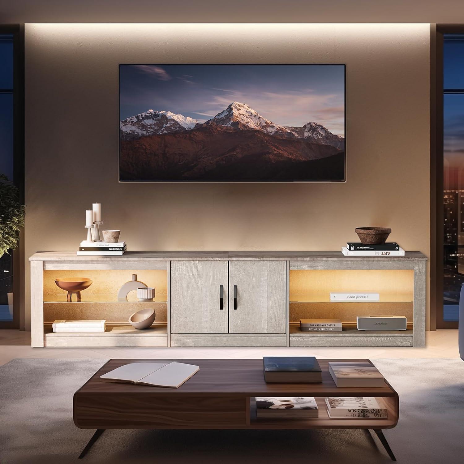 Bestier 80 Inch TV Stand for 75/77/85/86 inch TVs, LED Gaming Entertainment Center for PS5 with Storage Cabinet &Adjustable Glass Shelves, Modern TV Console Table for Living Room Bedroom, Wash White