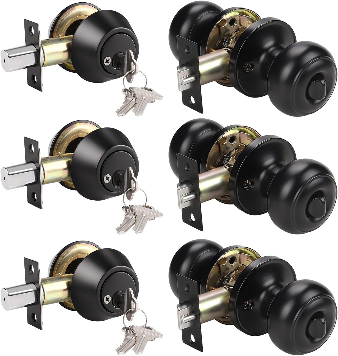 3 Pack Keyed Alike Entry Door Knobs and Single Cylinder Deadbolt Lock Combo Set Security for Entrance and Front Door with Classic Matte Black Finish