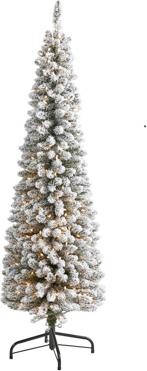 Nearly Natural 6' Pre-Lit Flocked Artificial Christmas Tree Clear Lights: Indoor Seasonal Decor