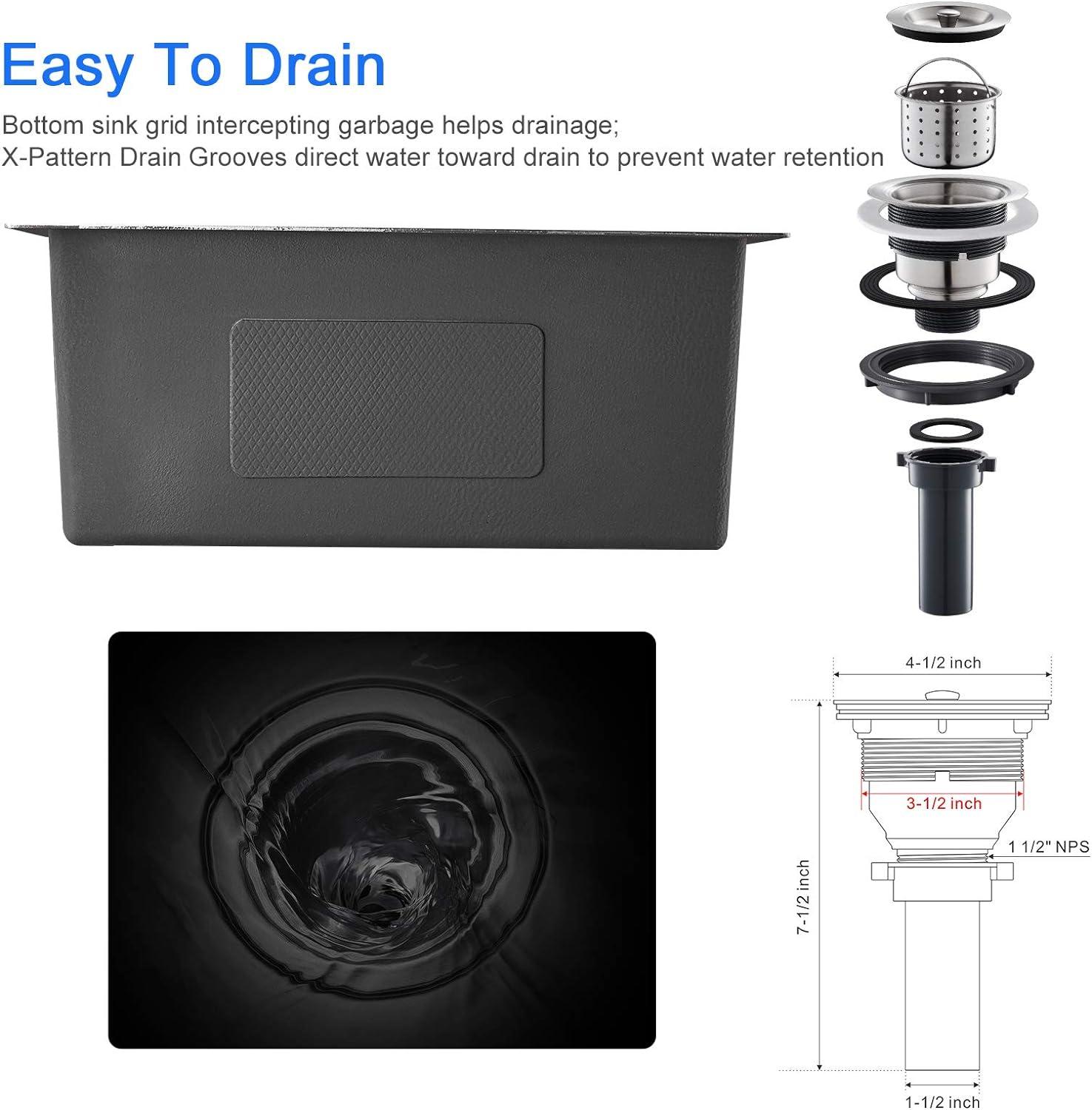 MENATT 22 inch Undermount Kitchen Sink, 22" x 18" Single Bowl Kitchen Sink Undermount Stainless Steel Handmade Bar Sink with Basket Strainer(Brushed)