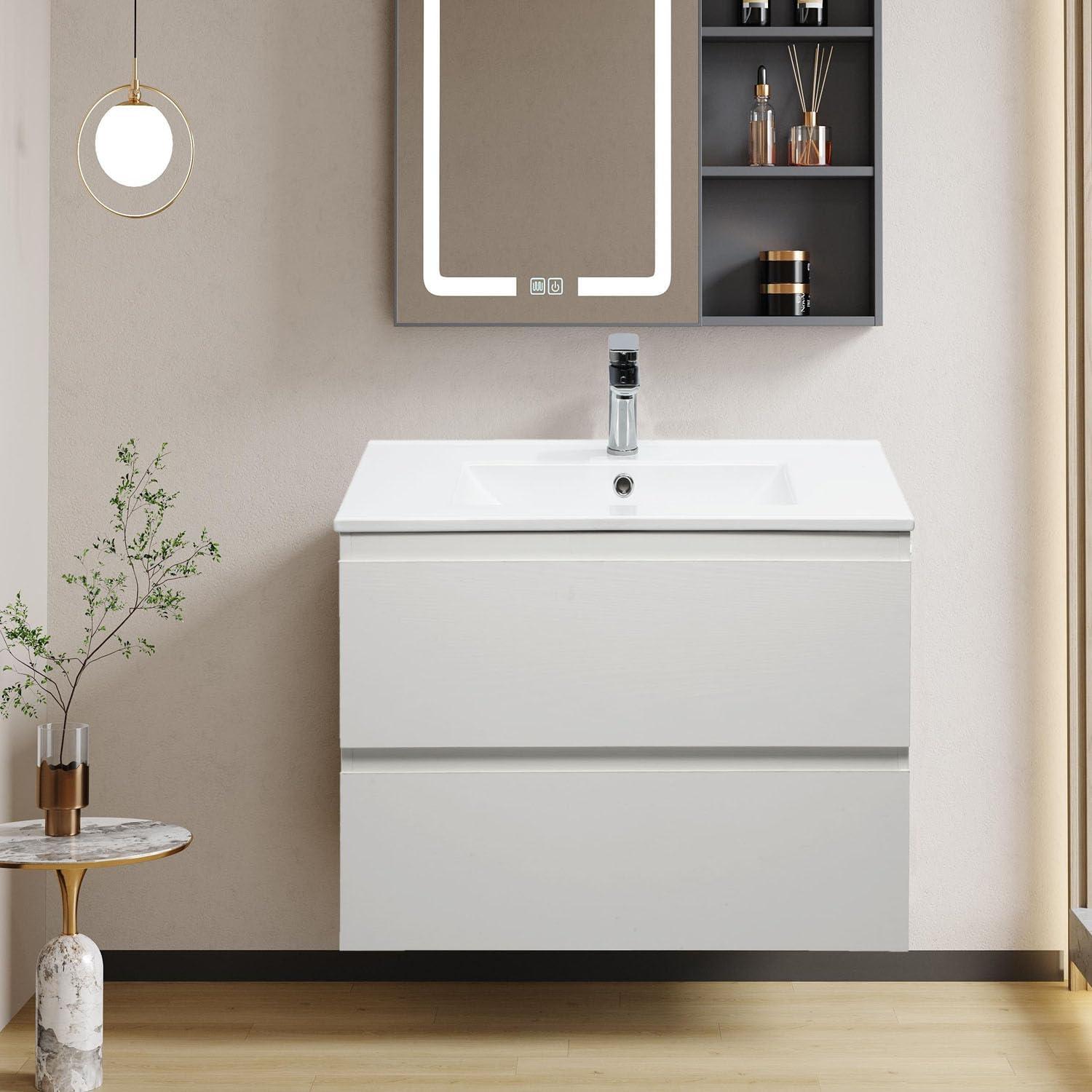 30" White Wall-Mounted Bathroom Vanity with Ceramic Sink and Storage