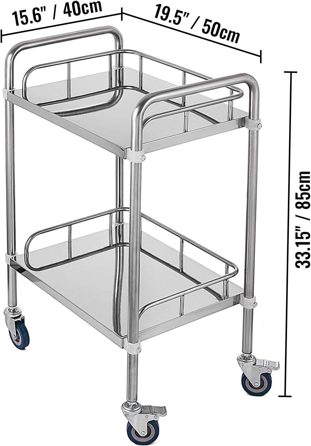 VEVOR Lab Rolling Cart, 2-Shelf Stainless Steel Rolling Cart, Lab Serving Cart with Swivel Casters, Dental Utility Cart for Clinic, Lab, Hospital, Salon, 15.16"x21.57"x34.06"