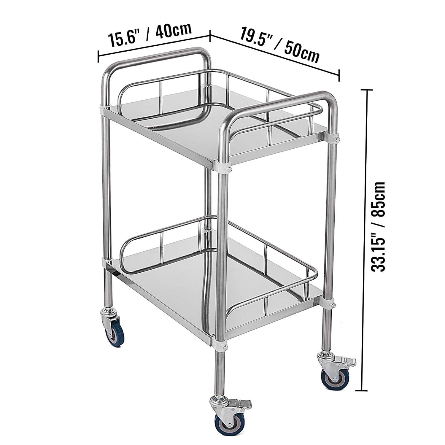 VEVOR Lab Rolling Cart, 2-Shelf Stainless Steel Rolling Cart, Lab Serving Cart with Swivel Casters, Dental Utility Cart for Clinic, Lab, Hospital, Salon, 15.16"x21.57"x34.06"