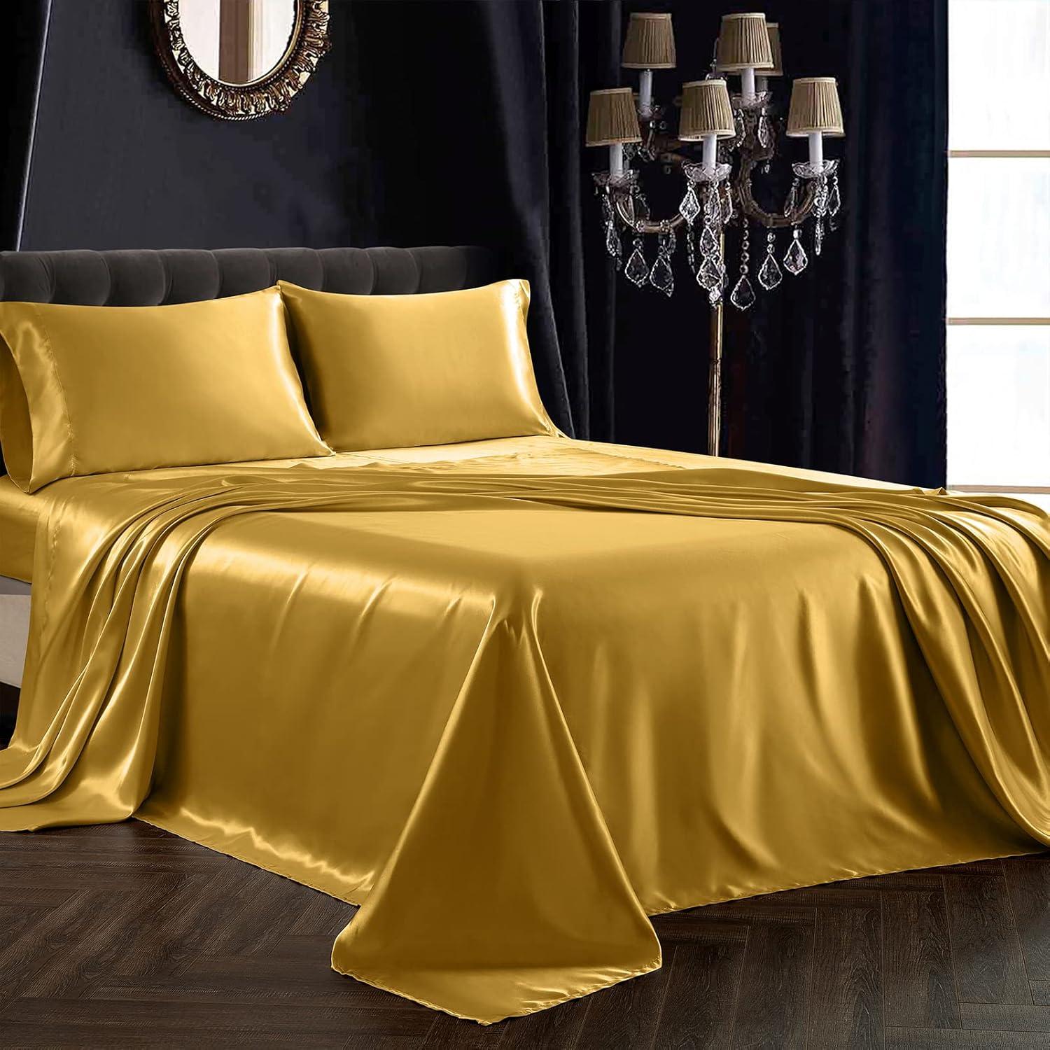 King Size Soft Gold Satin 4-Piece Deep Pocket Sheet Set