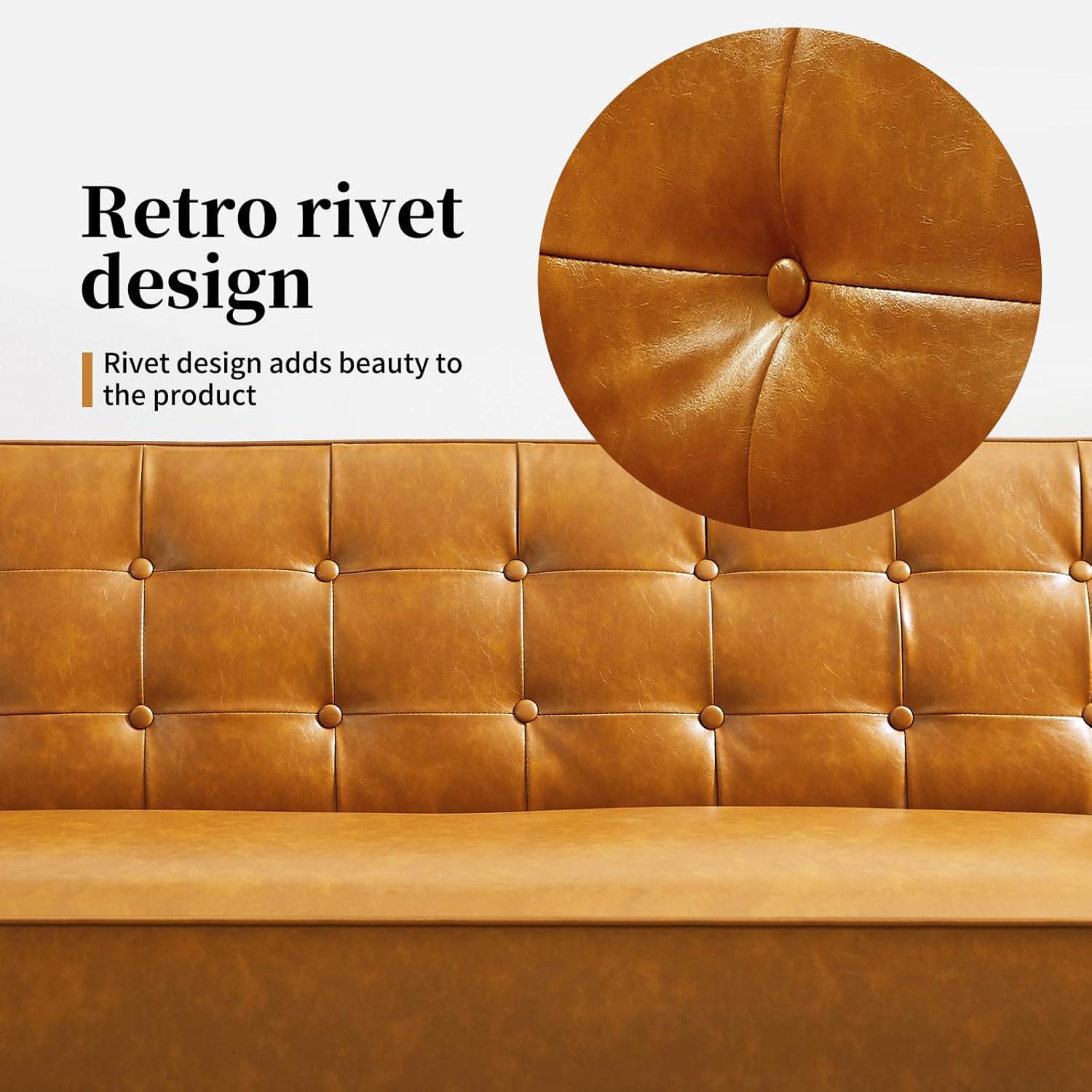 66" PU Leather Futon Sofa Bed, Adjustable Backrest Convertible Loveseat Sleeper Couch with Tapered Wood Legs for Small Space Living Room, Brown