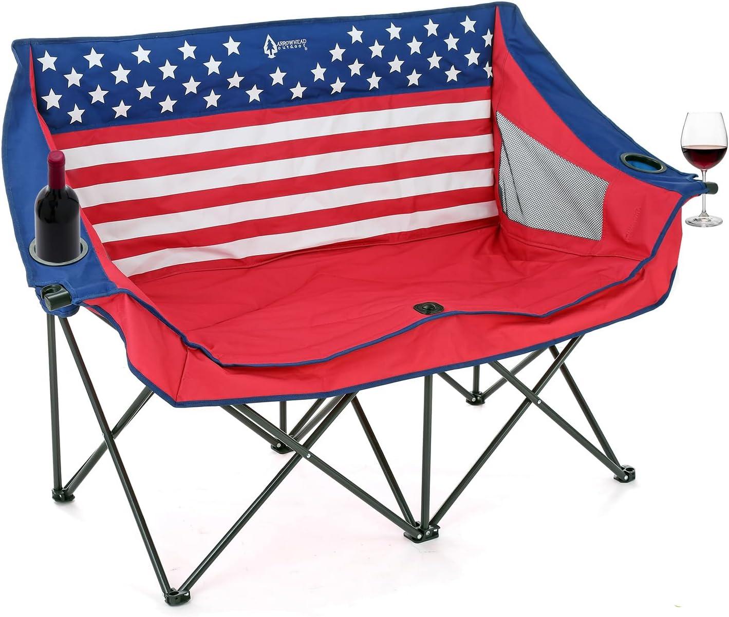 Arrowhead Outdoor Portable Folding Double Duo Camping Chair Loveseat Couch w/ 2 Cup & Wine Glass Holder, Supports up to 500lbs (American Flag)