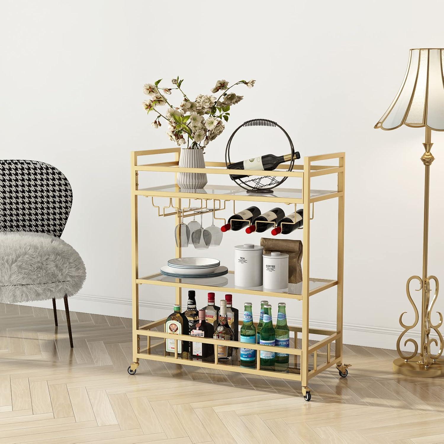 Bar Cart Gold with Bottle Storage and Wine Glass, Rolling Serving Bar Cart on Wheels Indoor & Outdoor, Patio, Gold Kitchen Serving Cart for Party(3-Tier)