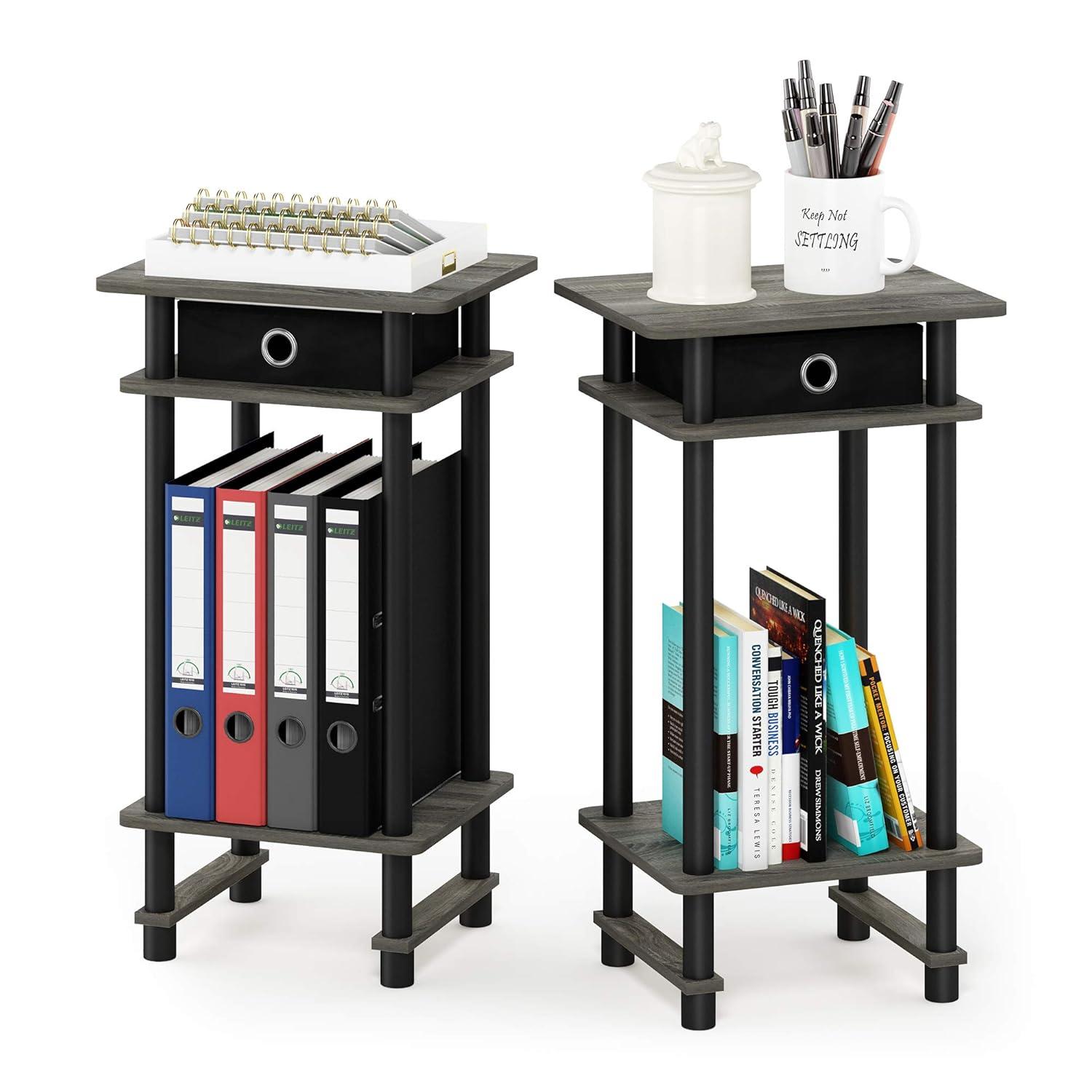 Furinno 2-17017 Turn-N-Tube Tall End Table with Bin, French Oak Grey/Black/Black, Set of 2
