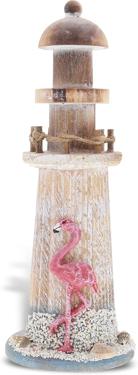 CoTa Global Flamingo Beach Lighthouse Decor - Handmade and Crafted Wooden Lighthouse Decoration with Sea Shells, Decorative Beach Style Tabletop Centerpiece, Nautical Themed Home Decor - 8.5 Inch