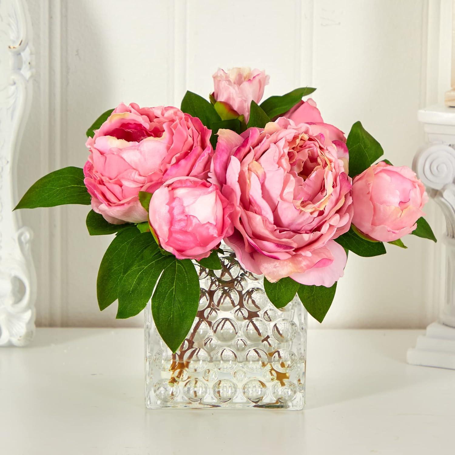 Summer Bliss Pink Peony Faux Floral Arrangement in Glass Vase