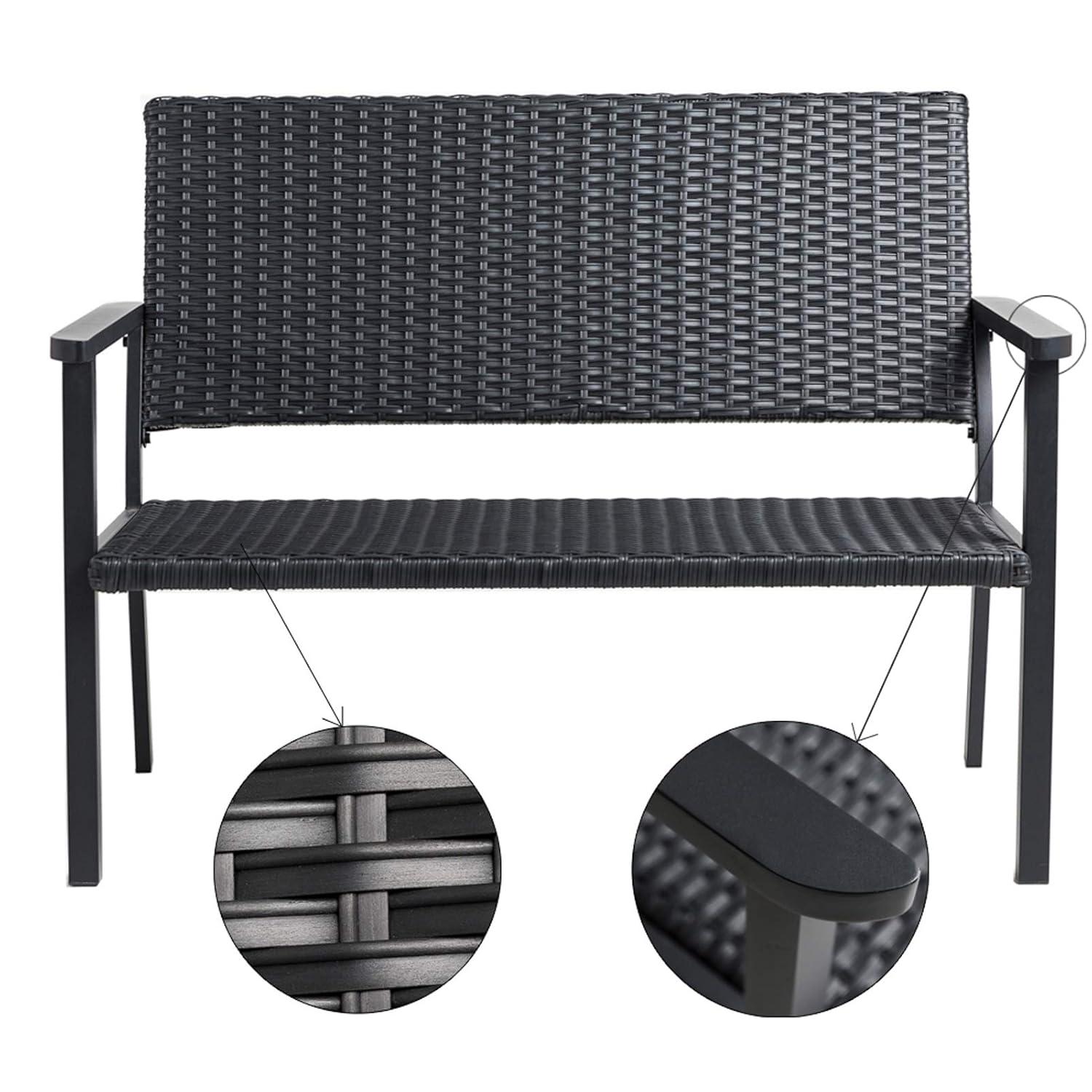 C-Hopetree Outdoor Loveseat Bench Chair for Outside Patio Porch, Metal Frame, Black All Weather Wicker