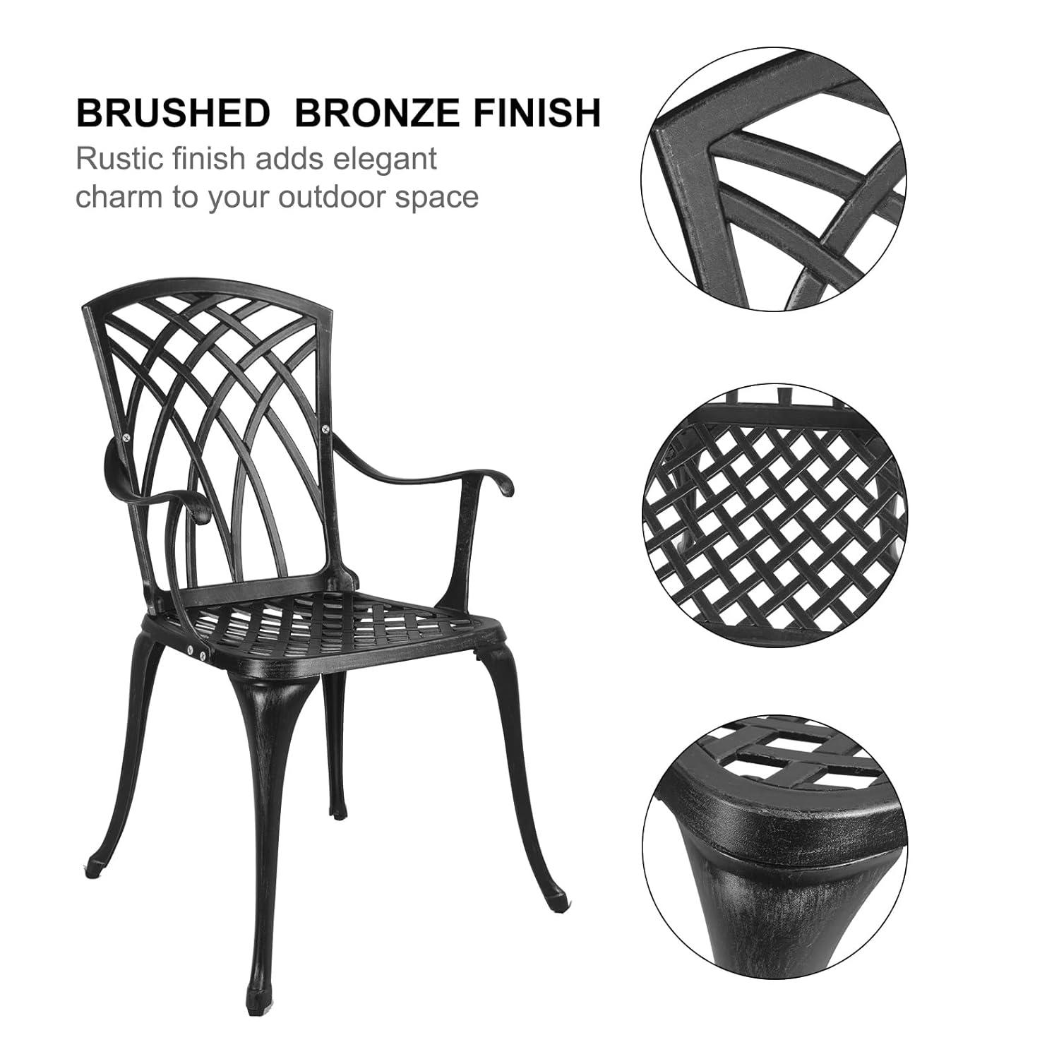 Polar Aurora 3 Piece Cast Aluminum Patio Bistro Set Table Outdoor Round Dining Armchair with Umbrella Hole for Porch, Lawn, Garden, Backyard, Pool, Black