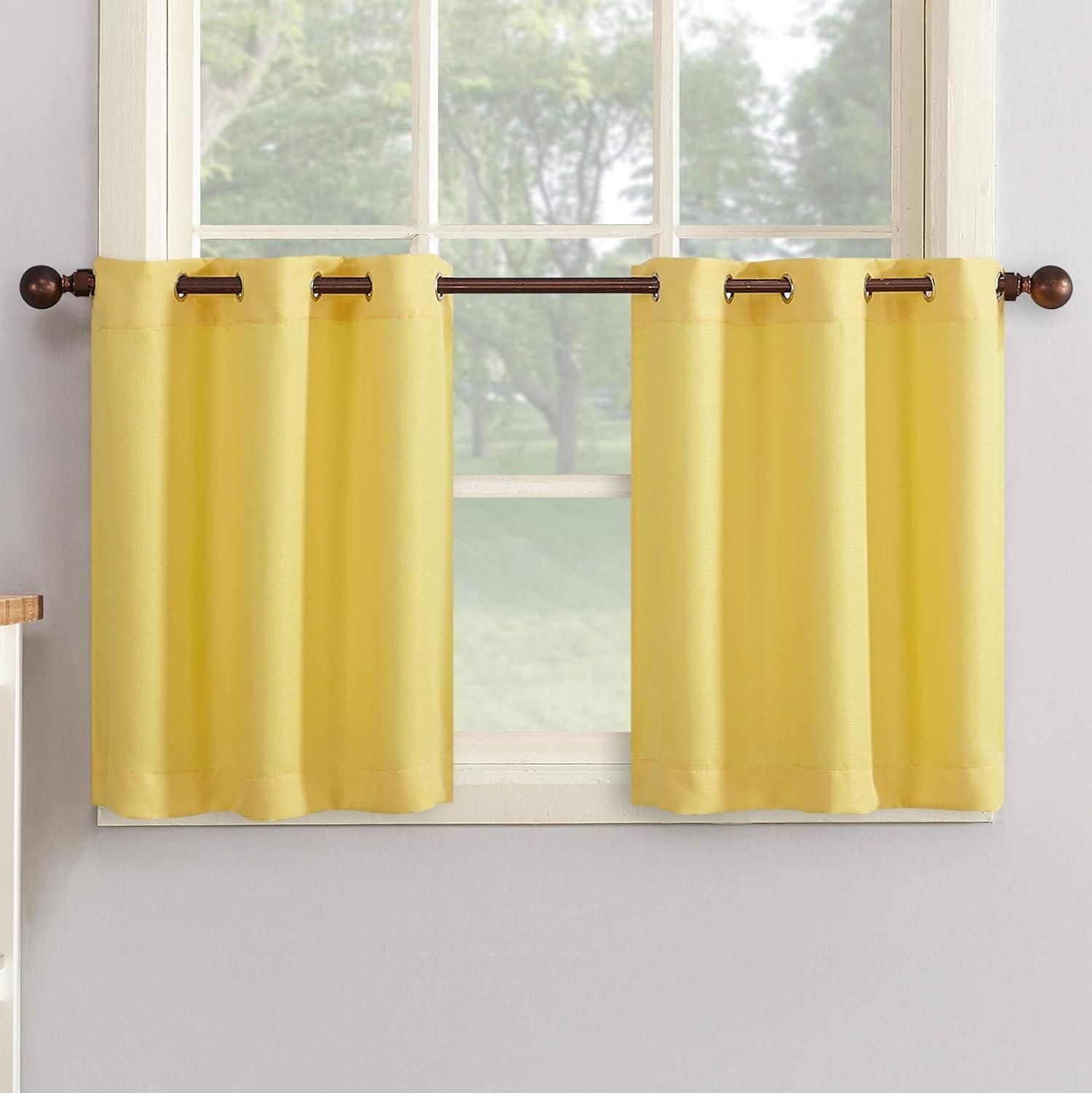 2pc 56"x24" No. 918 Semi-Sheer Montego Casual Textured Grommet Kitchen Curtain Tier Pair Yellow: 24 Inch Kitchen Window Curtains