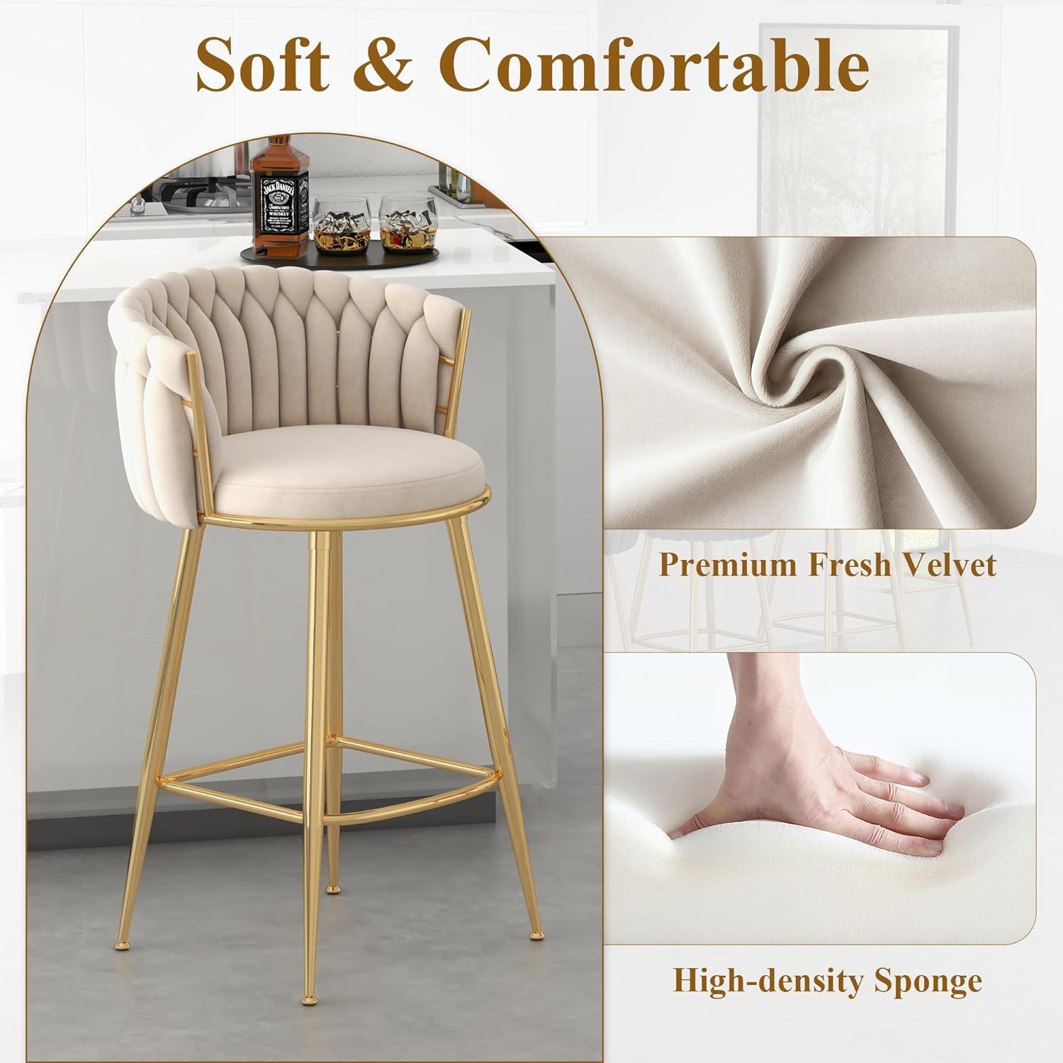 Counter Height Stools Set of 2, Velvet Bar Stools with 27 Inches Upholstered Seat Height, Handmade Woven Back Armrest, Sturdy Golden Metal Legs for Home Dining Pub Kitchen Island, Beige