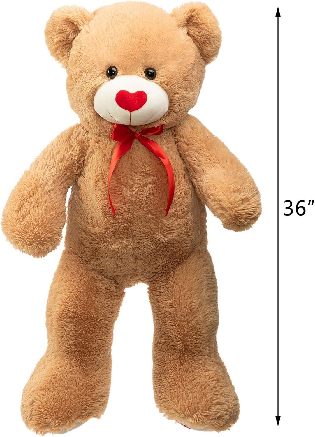 HollyHOME Big Teddy Bear Stuffed Animal Large Bear Plush with Red Heart for Girlfriend and Kids Holiday Toy Gift 36 inch Tan
