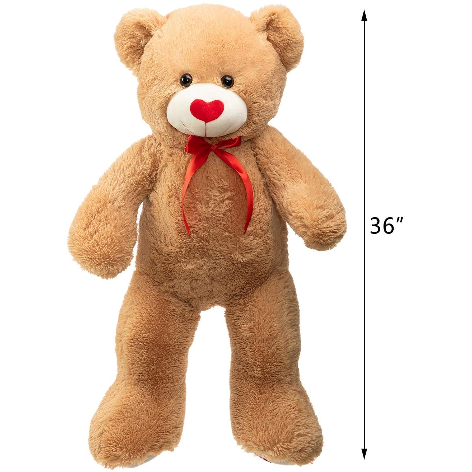 HollyHOME Big Teddy Bear Stuffed Animal Large Bear Plush with Red Heart for Girlfriend and Kids Holiday Toy Gift 36 inch Tan