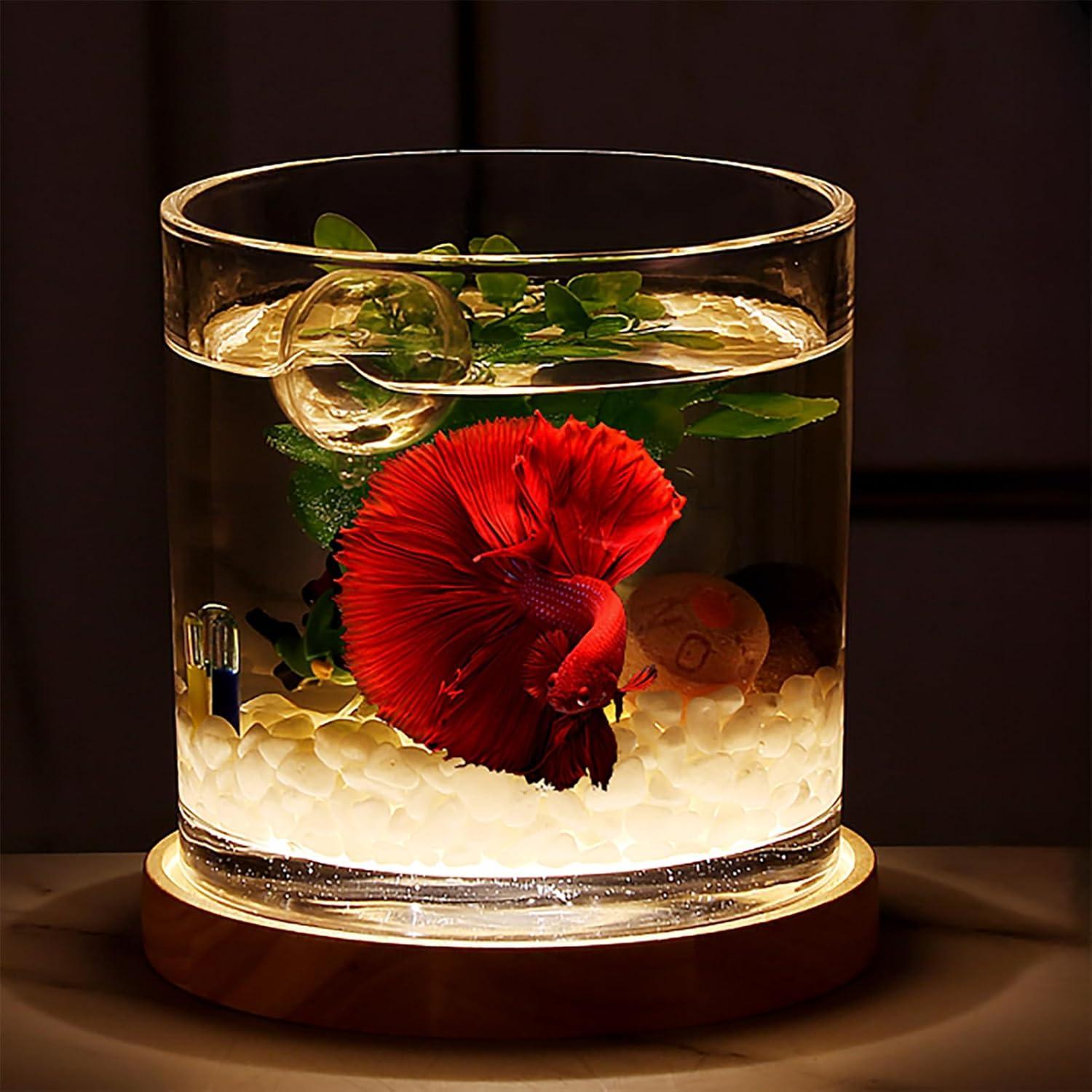 Aquarium Starter Kits 0.81-Gallon Fish Tank(6 inches) for Beginner Cylindrical Betta Fish Bowl with Wooden Base LED Light Water Pump Accessories Self-Cleaning Filter Copyright Patent