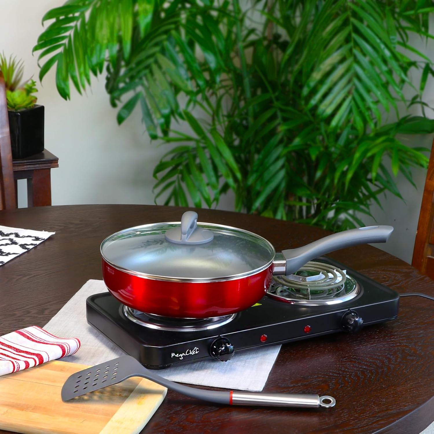 Oster Herscher 3.5 Qt Non-Stick Aluminum Saute Pan with Lid, Tanslucent Sauce, Translucent Red