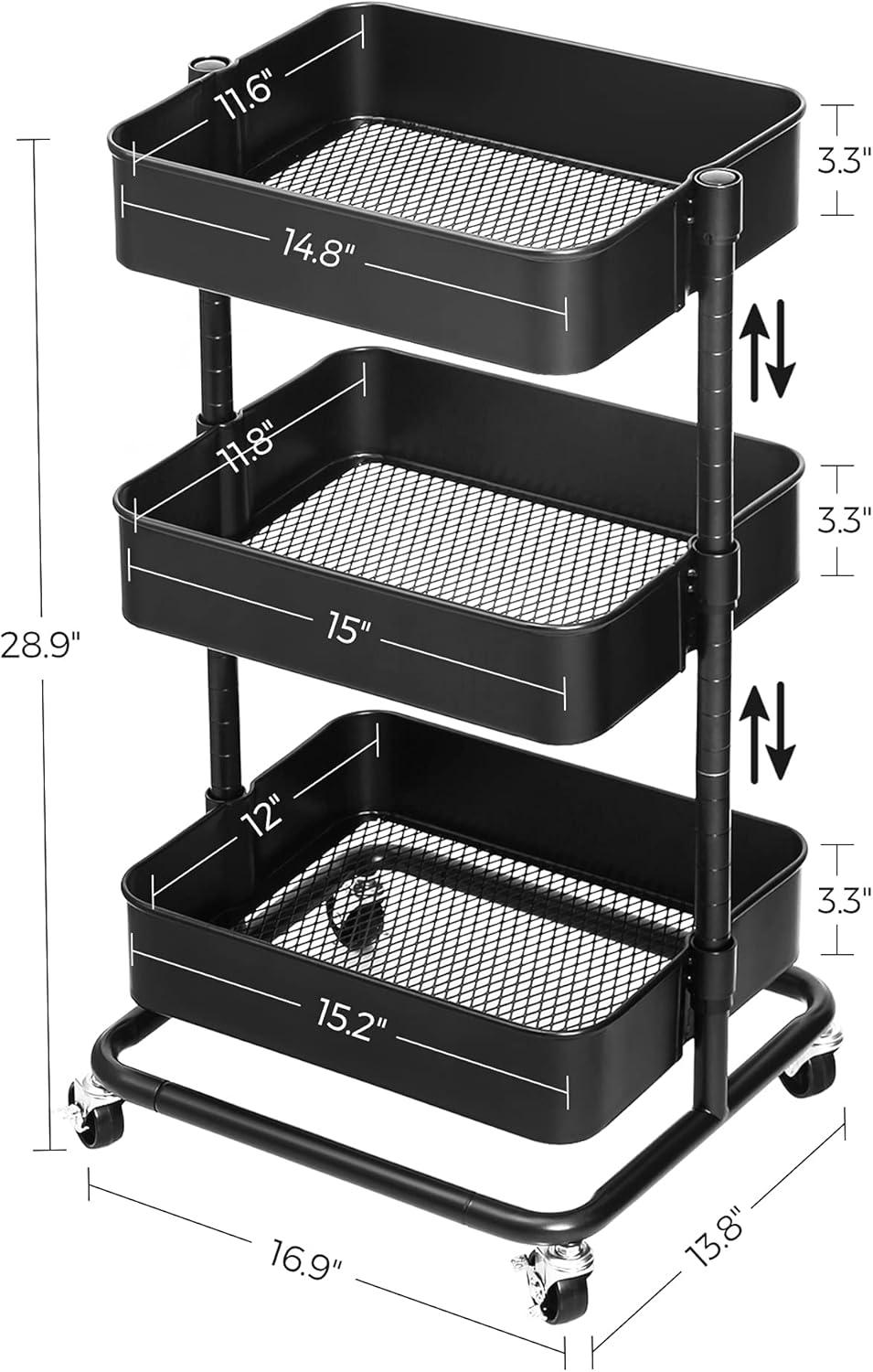 Black 3-Tier Metal Rolling Kitchen Cart with Adjustable Shelves