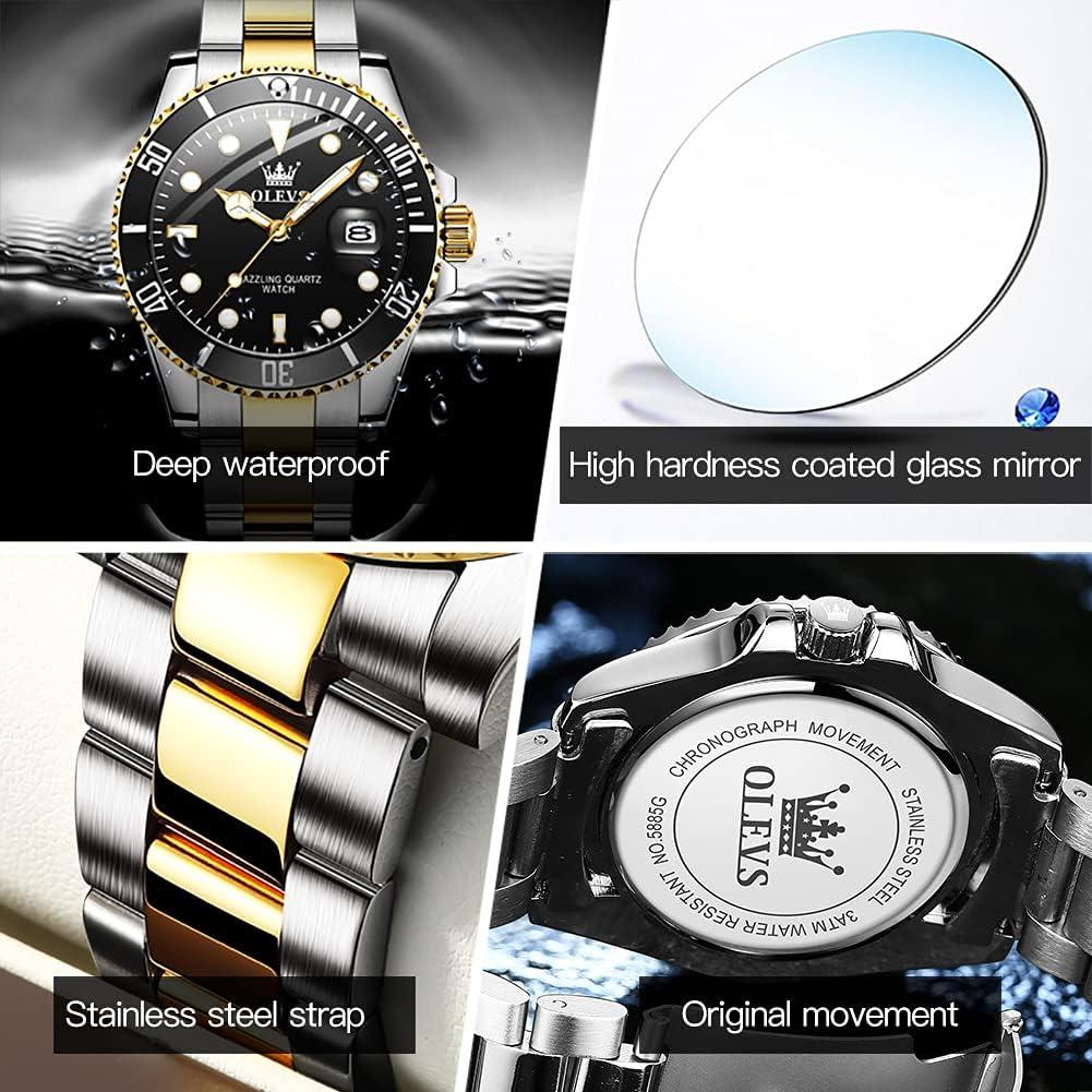 OLEVS Men Watch,Big Dial Watches for Men Stainless Steel Watch with Day Waterproof Analog Quartz Watches for Man Classic Business Wristwatch Luxury Luminous Round for Men Rotatable Bezel Watch