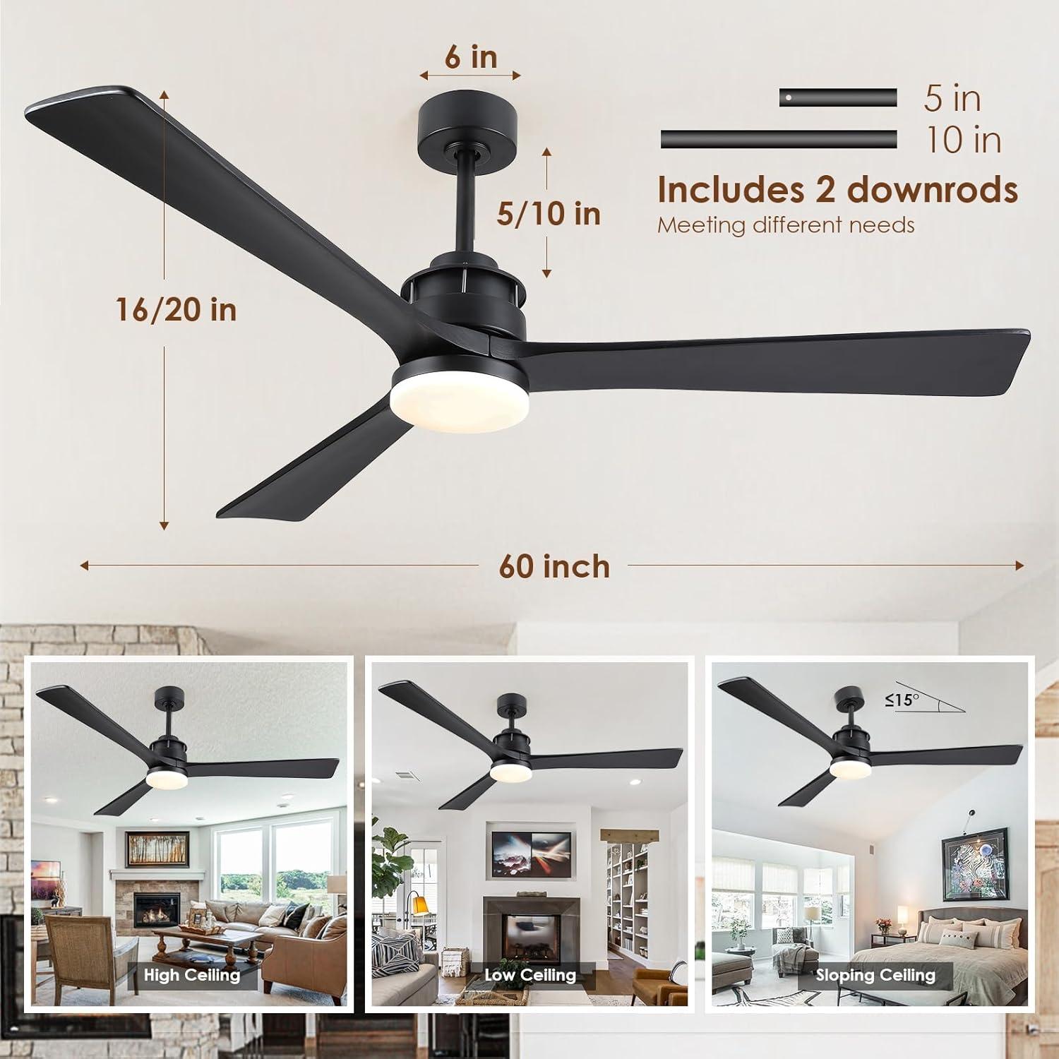 60" Black Modern Ceiling Fan with Wooden Blades and LED Light