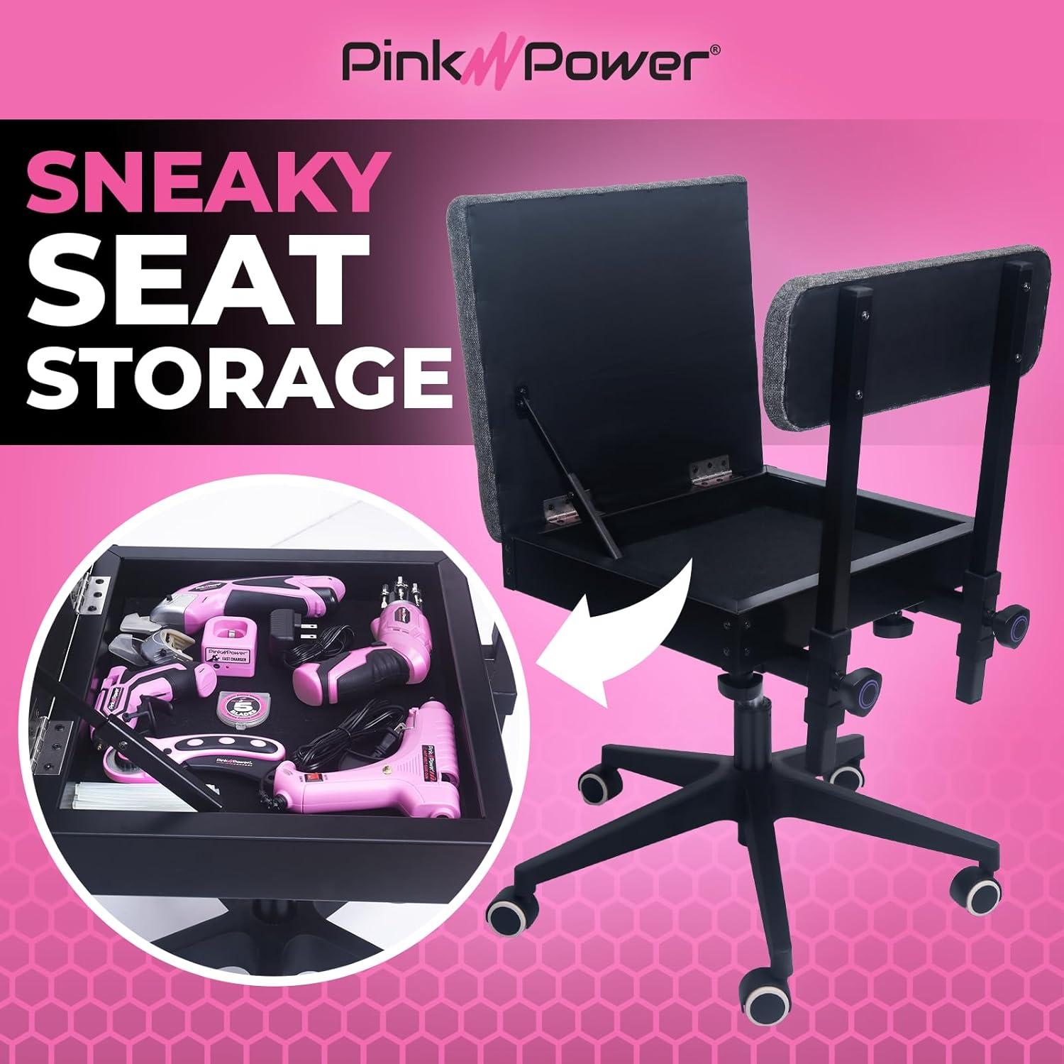 Pink Power Hydraulic Sewing Chair with Wheels and Adjustable Back Support - Armless Chair for Sewing, Crafting