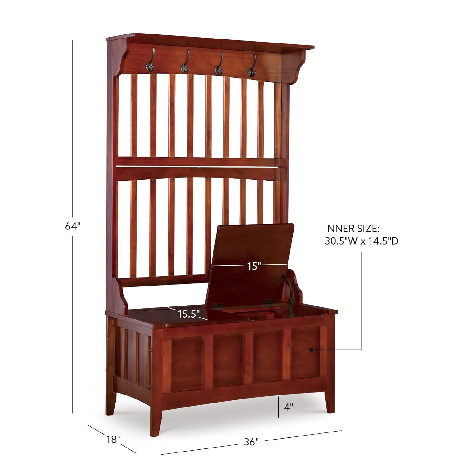 Misson Traditional 4 Double Hooks Storage Bench Top Shelf Hall Tree Walnut Finish - Linon: Entryway Organizer, Flip-up Seat