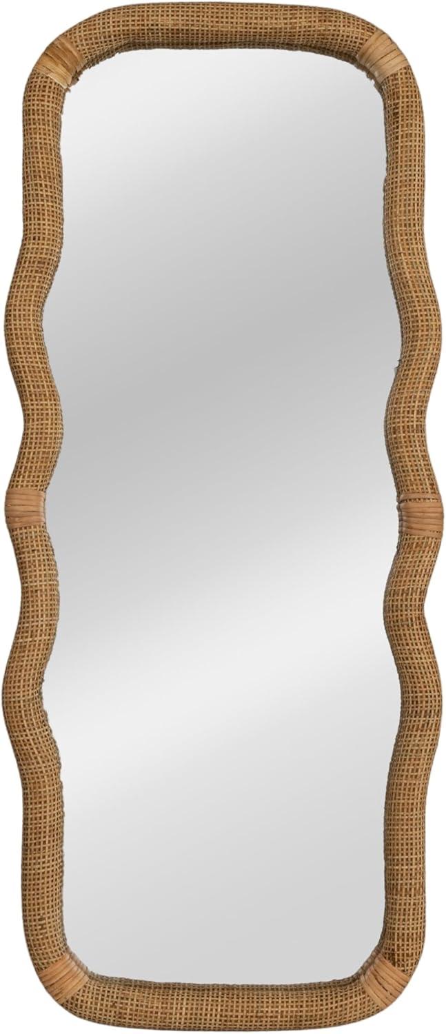 Storied Home Wavy Rectangle Handwoven Rattan Cane Wall Mirror, Natural