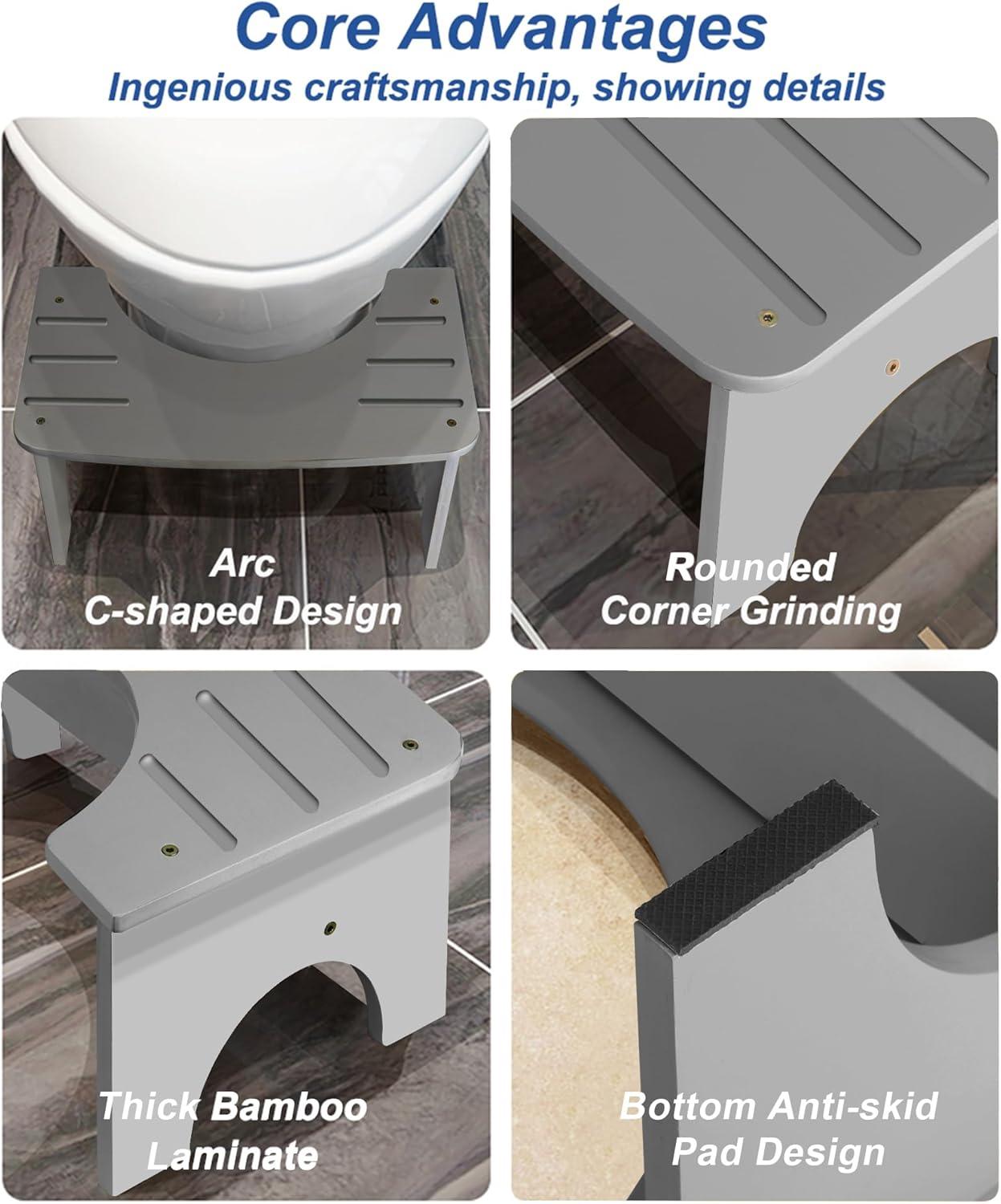 Bamboo Toilet Stool for Adults, 6.5" Toilet Stool Squat Adult Kids, Portable Simple Curve Squat Toilet Potty Stool, Non-Slip Poop Stool for Bathroom, Improve Squatting Posture and Comfort (Wood)