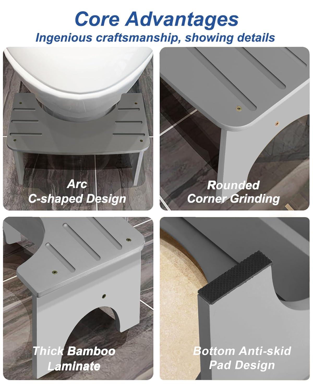 Bamboo Toilet Stool for Adults, 6.5" Toilet Stool Squat Adult Kids, Portable Simple Curve Squat Toilet Potty Stool, Non-Slip Poop Stool for Bathroom, Improve Squatting Posture and Comfort (Wood)