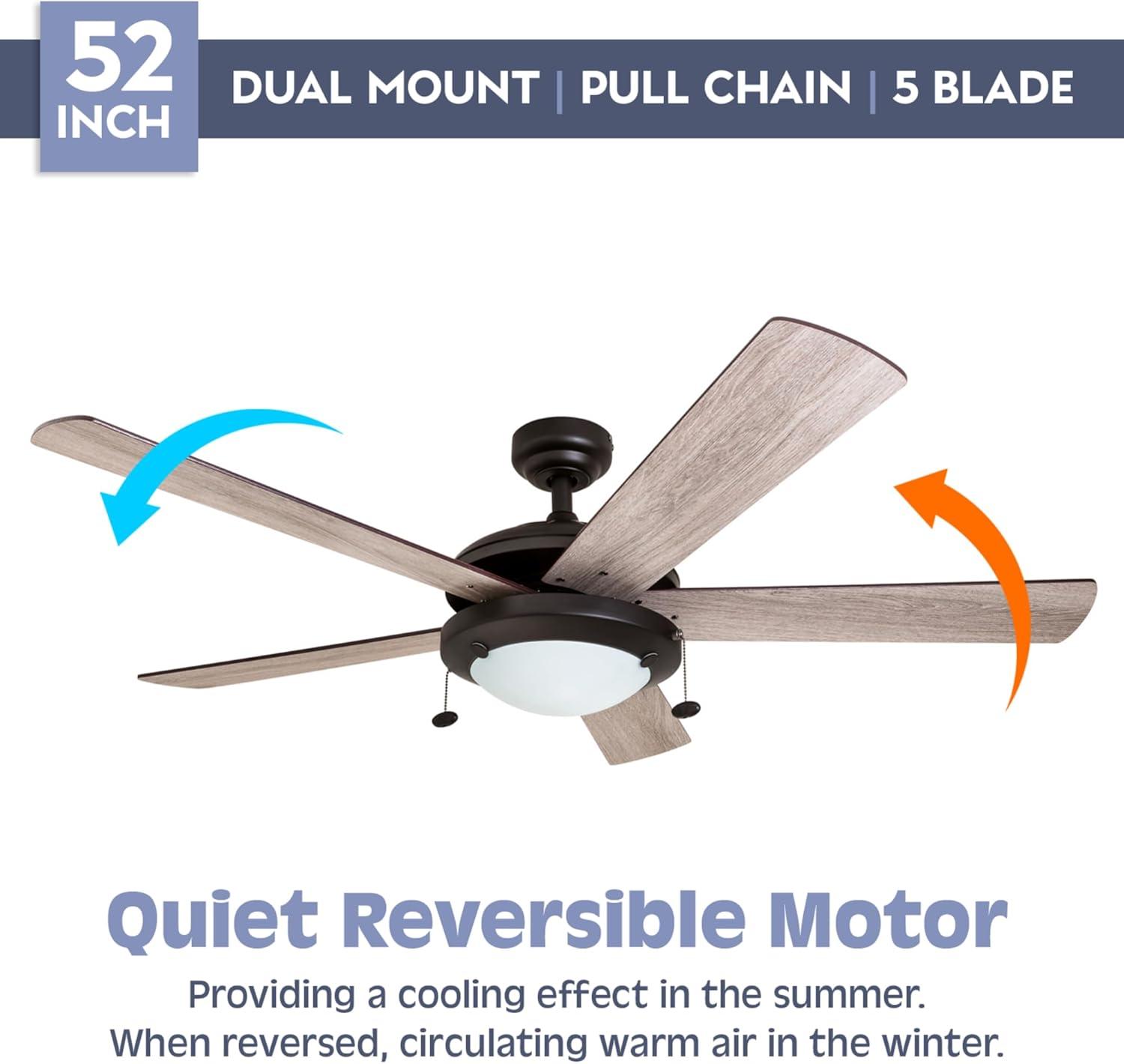 Prominence Home Bolivar 52" Bronze Ceiling Fan with 5 Blades, Integrated LED Light Kit, Pull Chains & Reverse Airflow