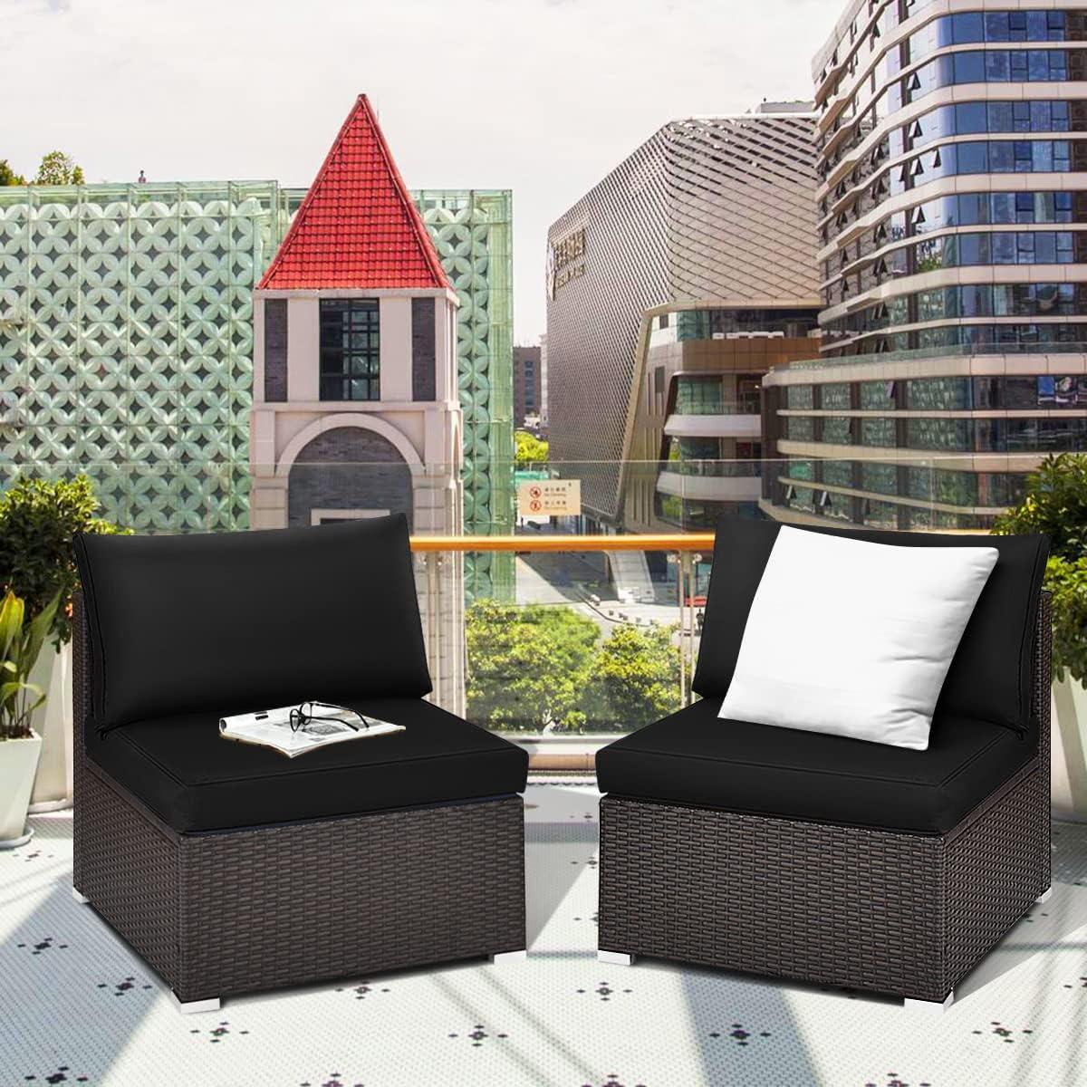 Costway 2PCS Patio Rattan Armless Sofa Sectional Furniture Conversation W/Black Cushion